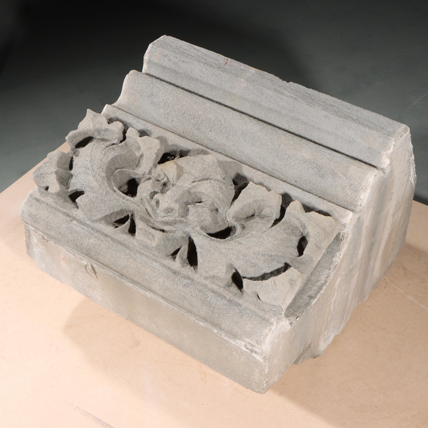 Man of the North / Green Man / Devil Mythological figure and foliate border block; 1920s Harlem, New York, Gothic Style Architectural Limestone Facade Carving 14"H x 20"W