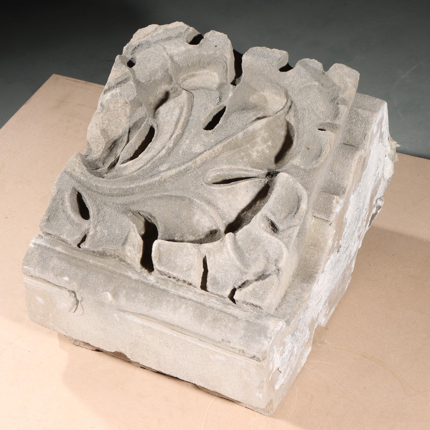 Scrolled leaf rosette foliate border block roundel end piece; 1920s Harlem, New York, Gothic Style Architectural Limestone Facade Carving 16 1/2"H x 15"W