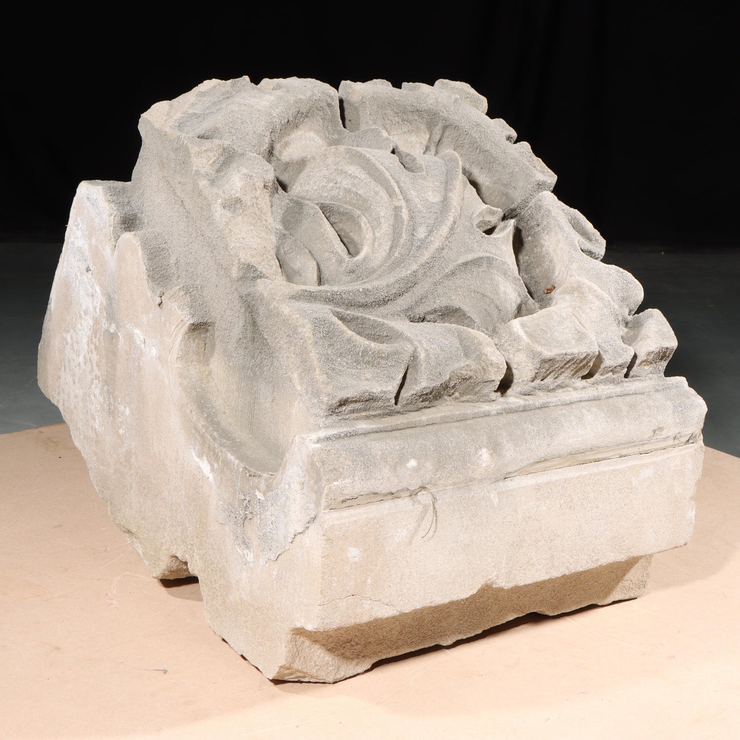Scrolled leaf rosette foliate border block roundel end piece; 1920s Harlem, New York, Gothic Style Architectural Limestone Facade Carving 16 1/2"H x 15"W
