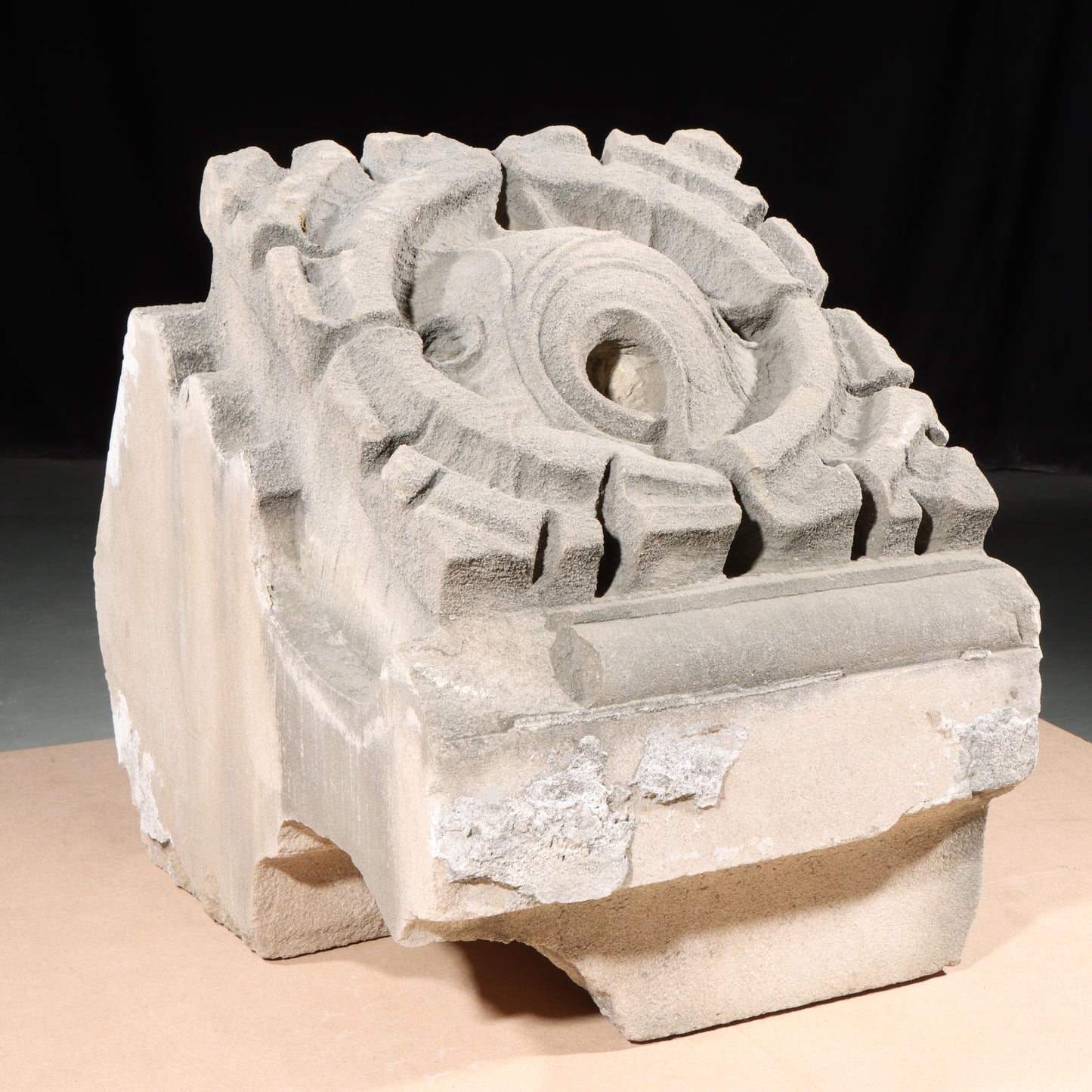 Scrolled leaf rosette foliate border block roundel end piece; 1920s Harlem, New York, Gothic Style Architectural Limestone Facade Carving 19"H x 15"W