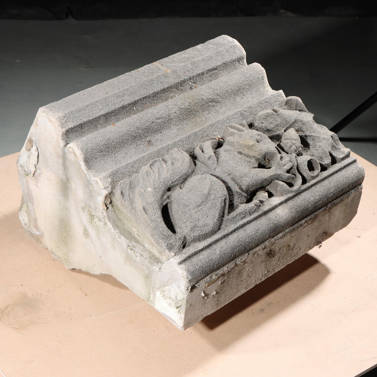 Squirrel with acorn gargoyle/grotesque beast relief border block; 1920s Harlem, New York, Gothic Style Architectural Limestone Facade Carving 20"H x 20"W