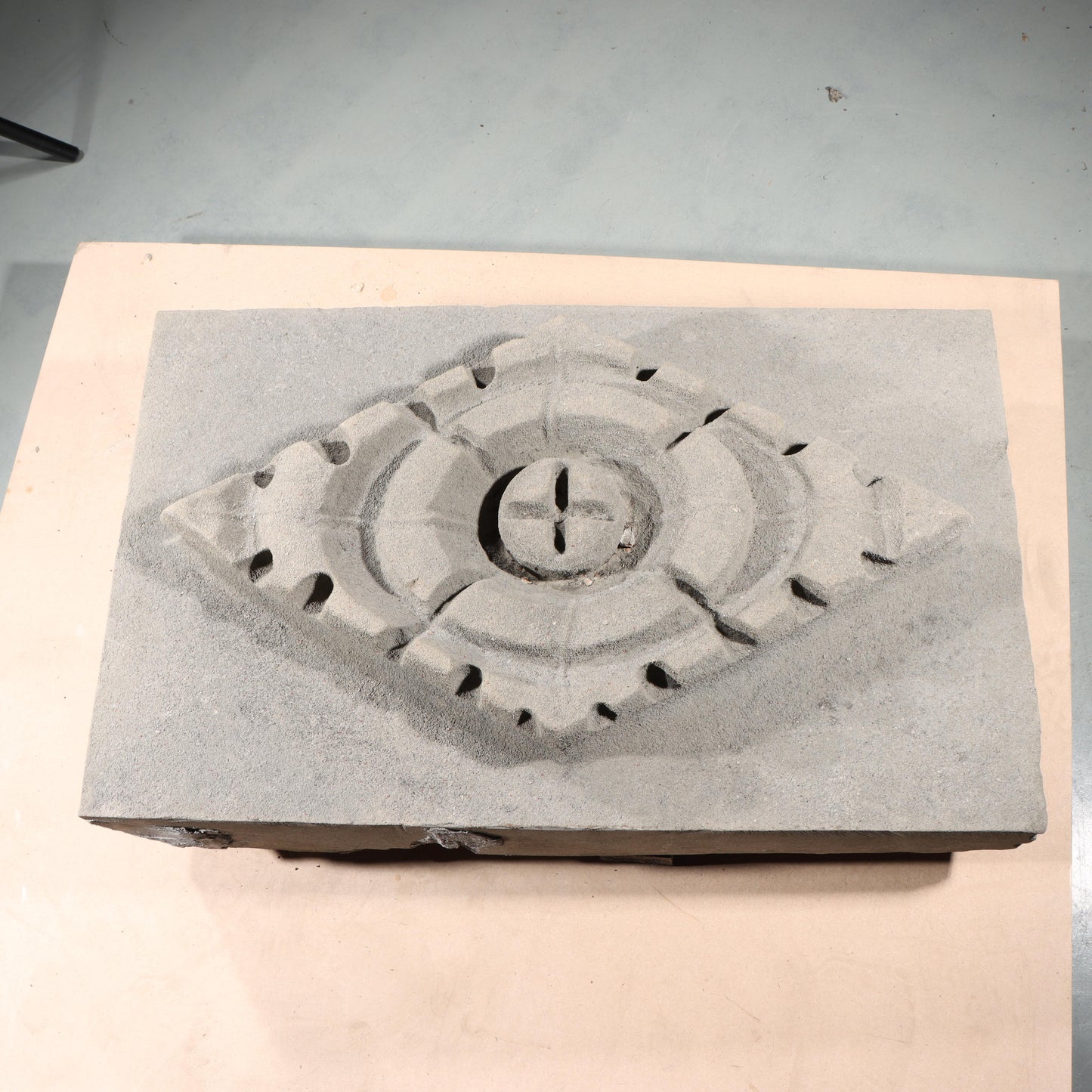 Quatrefoil floral diamond rosette foliate relief border slab; 1920s Harlem, New York, Gothic Style Architectural Limestone Facade Carving 18"H x 30"W
