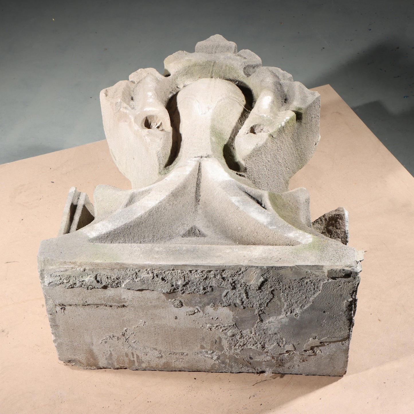 Gothic teardrop arch cornice fragment with scrolling foliate accents; 1920s Harlem, New York, Gothic Style Architectural Limestone Facade Carving 28"H x 21"W