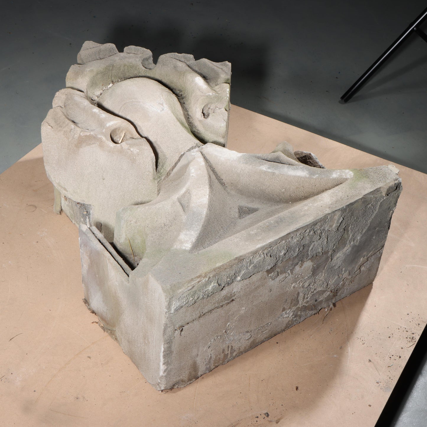 Gothic teardrop arch cornice fragment with scrolling foliate accents; 1920s Harlem, New York, Gothic Style Architectural Limestone Facade Carving 28"H x 21"W