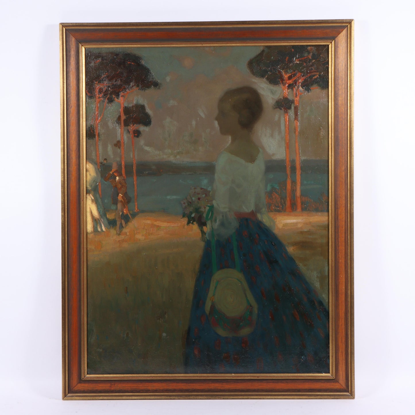A promenade by the lake; French Impressionist painting of a girl holding a bouquet of flowers and hat, artist ca. late 19th / early 20th Century / dated 1896. 41"H x 30 1/4"W (stretcher), 46"H x 35 1/2"W (frame)