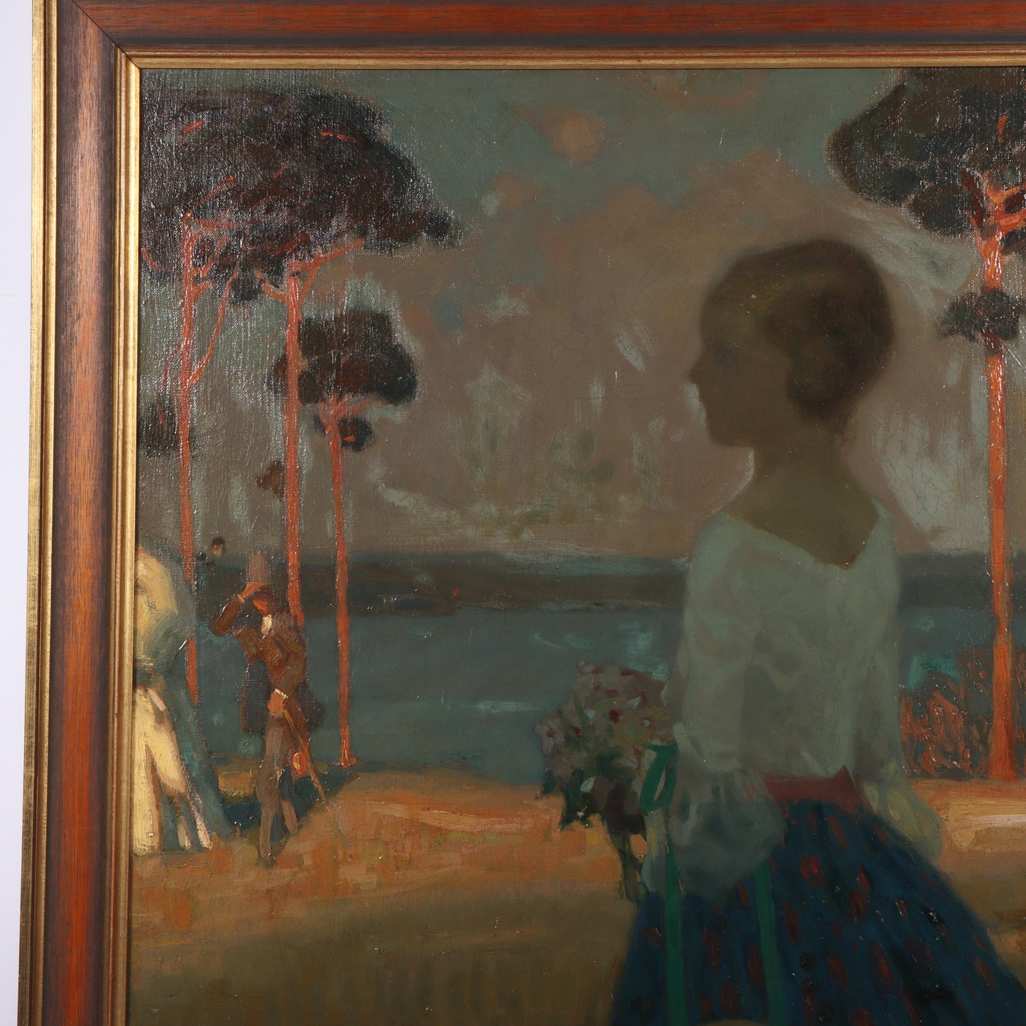 A promenade by the lake; French Impressionist painting of a girl holding a bouquet of flowers and hat, artist ca. late 19th / early 20th Century / dated 1896. 41"H x 30 1/4"W (stretcher), 46"H x 35 1/2"W (frame)