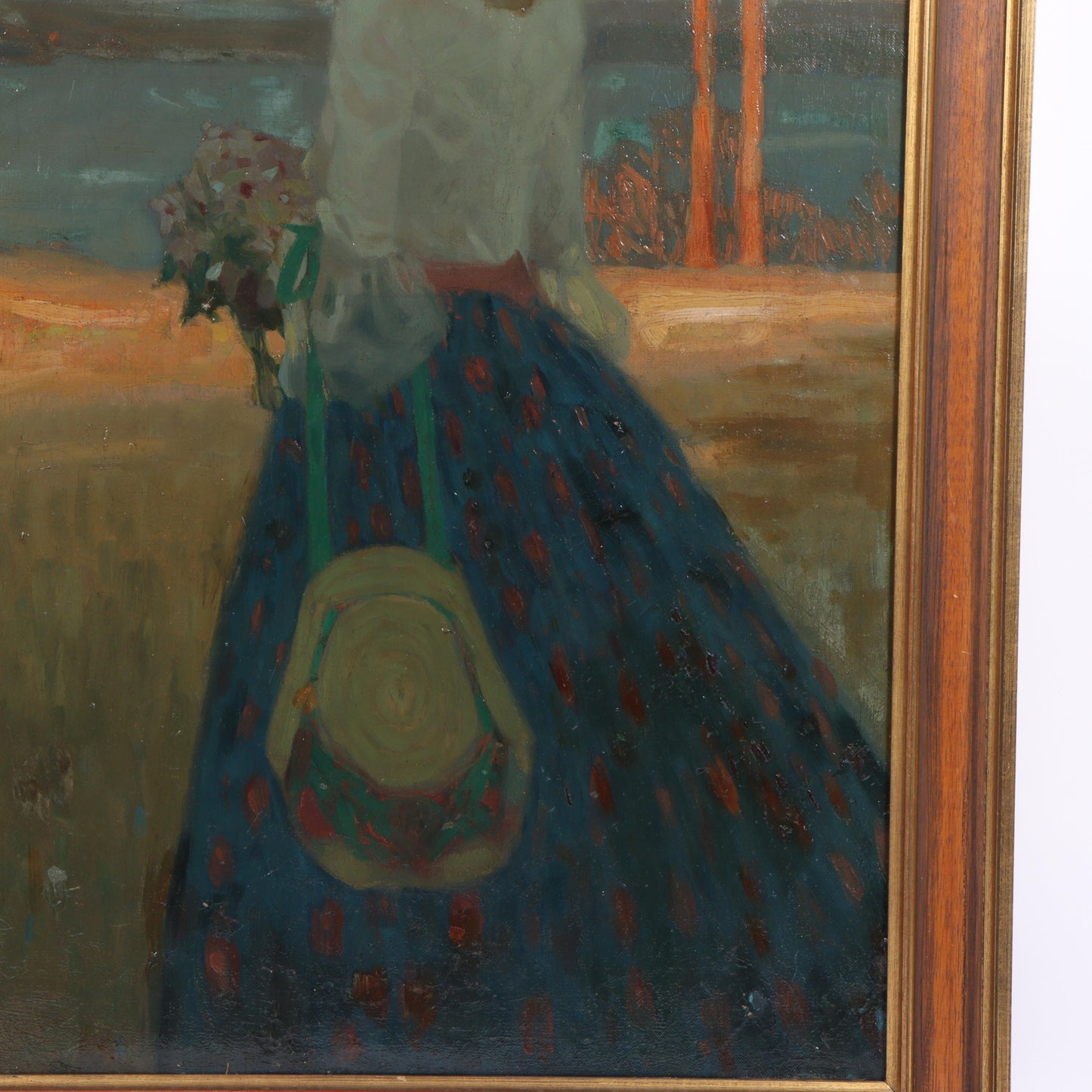 A promenade by the lake; French Impressionist painting of a girl holding a bouquet of flowers and hat, artist ca. late 19th / early 20th Century / dated 1896. 41"H x 30 1/4"W (stretcher), 46"H x 35 1/2"W (frame)