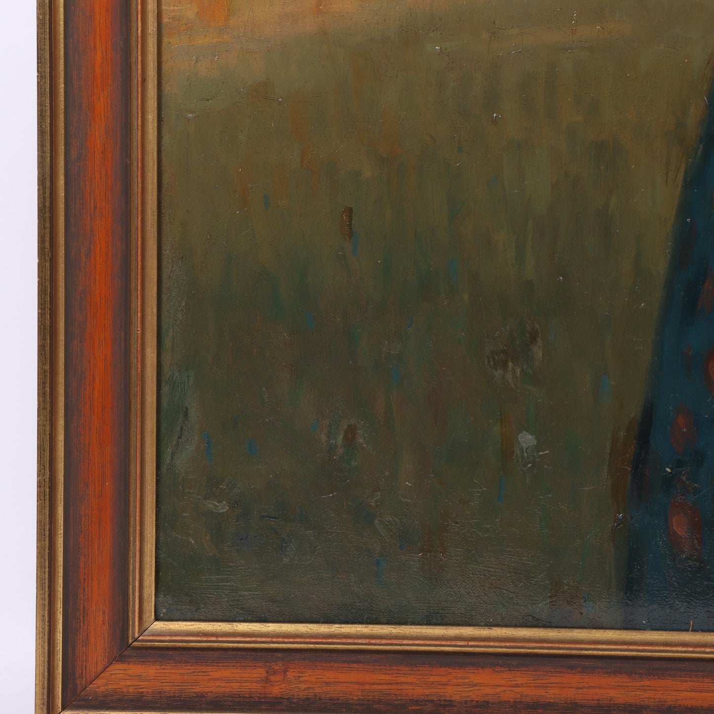 A promenade by the lake; French Impressionist painting of a girl holding a bouquet of flowers and hat, artist ca. late 19th / early 20th Century / dated 1896. 41"H x 30 1/4"W (stretcher), 46"H x 35 1/2"W (frame)