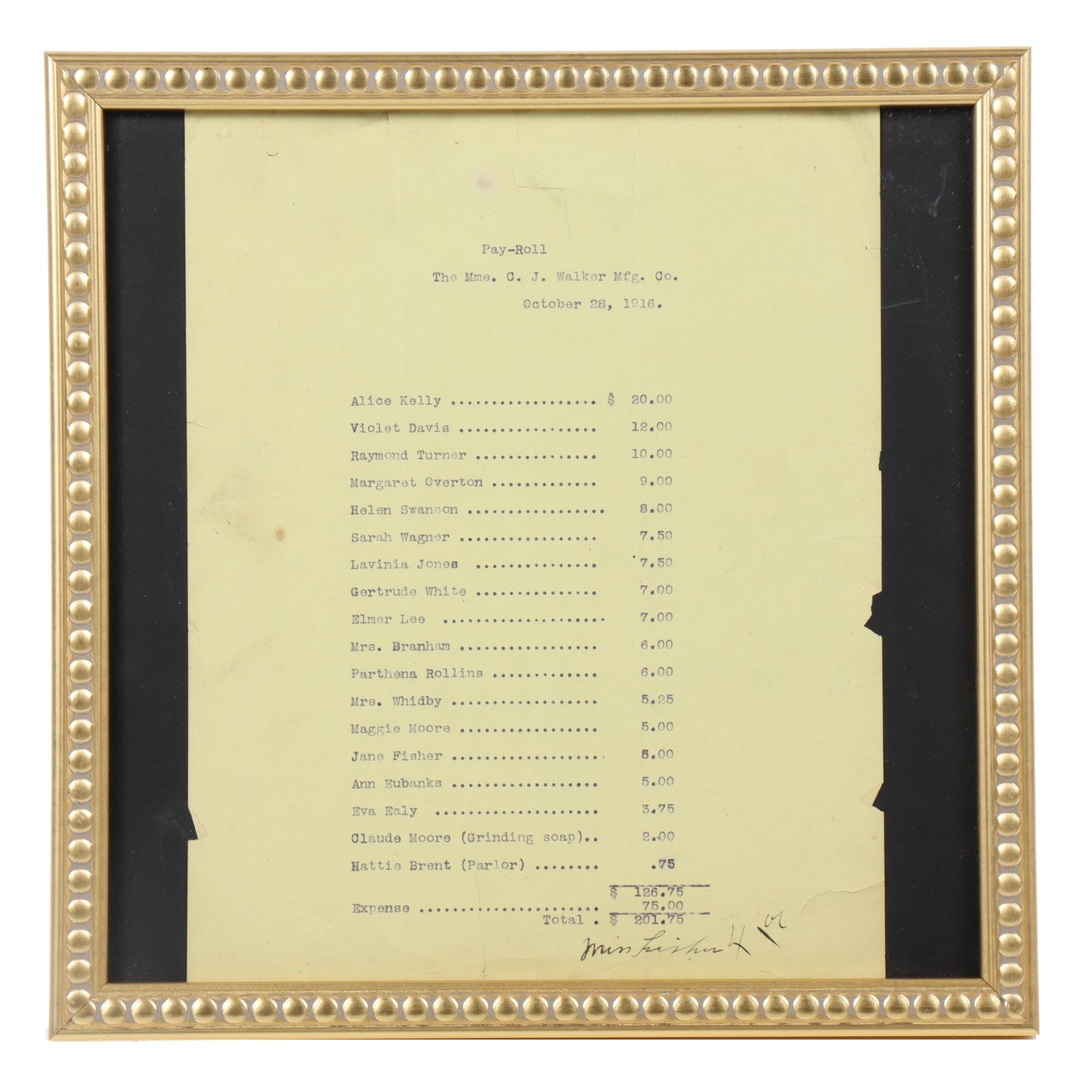 Madam Walker Manufacturing Company Business Payroll Document 10 1/2"H x 8 1/2"W