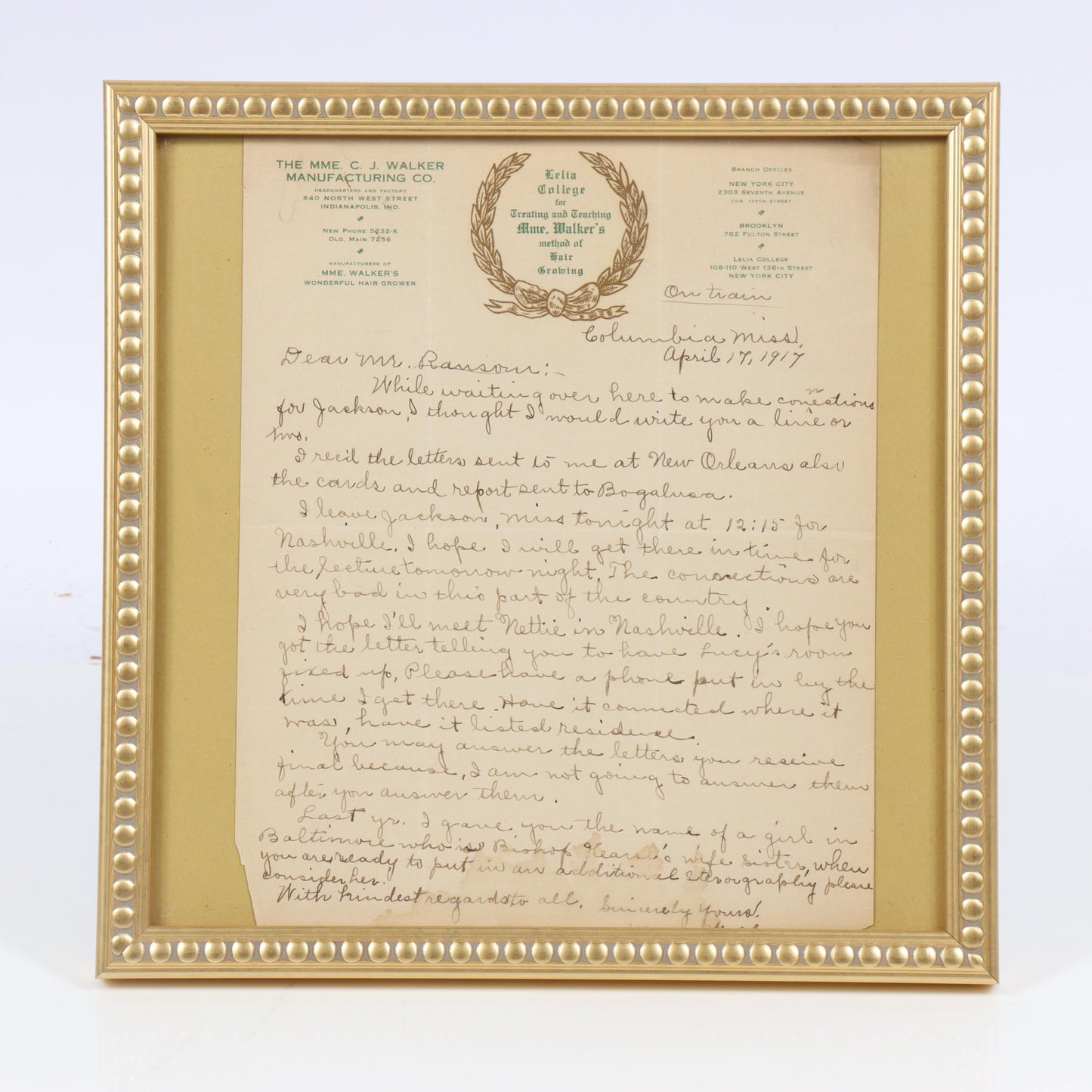 Letter Written By Madam C.J. Walker To Attorney & Office Manager, 04/17/1917 10 1/2"H x 8 1/2"W