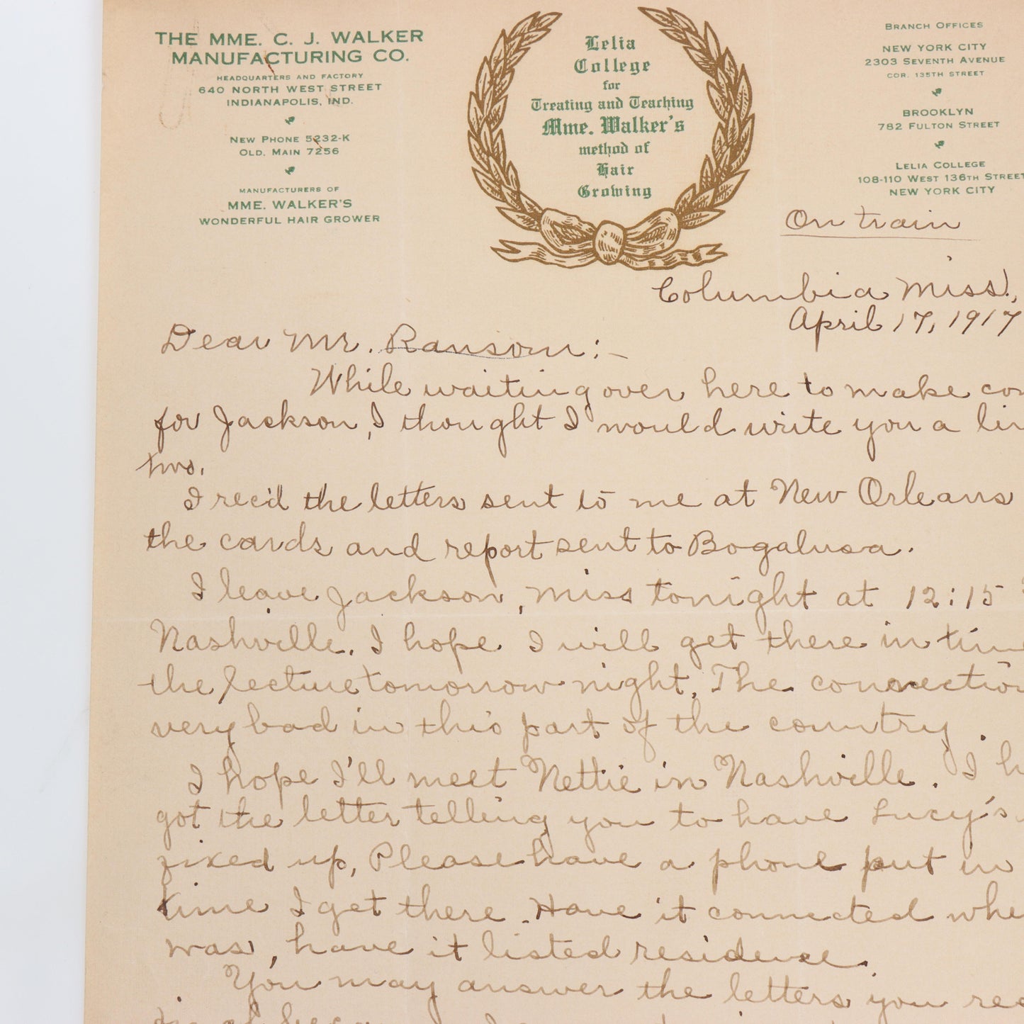 Letter Written By Madam C.J. Walker To Attorney & Office Manager, 04/17/1917 10 1/2"H x 8 1/2"W
