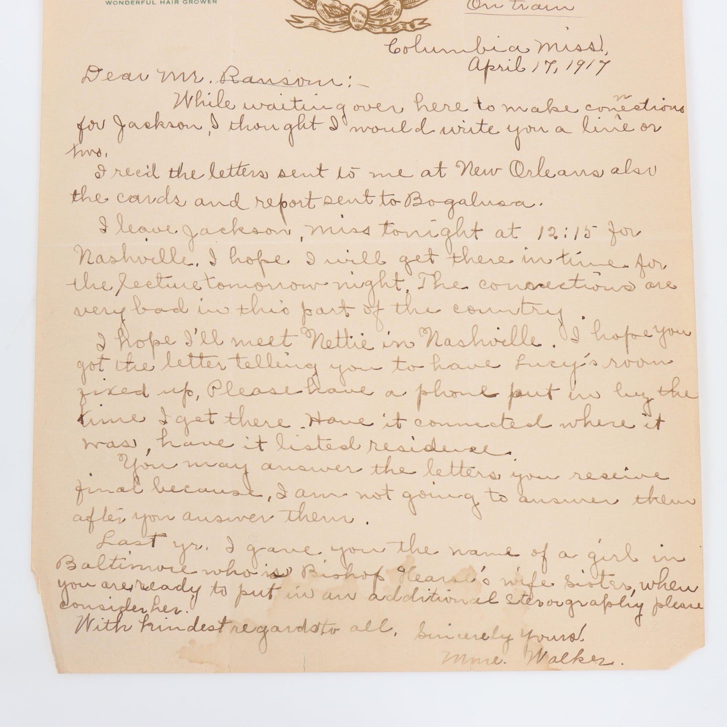 Letter Written By Madam C.J. Walker To Attorney & Office Manager, 04/17/1917 10 1/2"H x 8 1/2"W