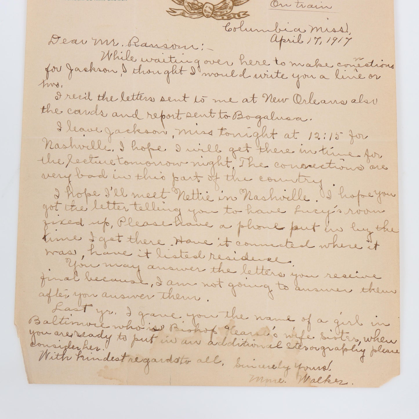 Letter Written By Madam C.J. Walker To Attorney & Office Manager, 04/17/1917 10 1/2"H x 8 1/2"W