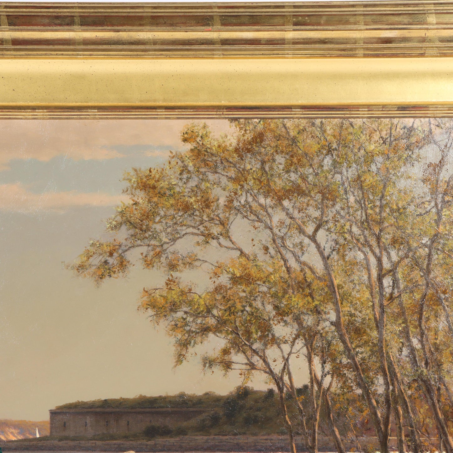 Joseph McGurl, Massachusetts (b. 1958), "View From the Shore", Fort Independence? Boston Harbor Islands, oil on canvas, 24"H x 36"W(stretcher), 33 1/4"H x 45 1/4"W(frame)