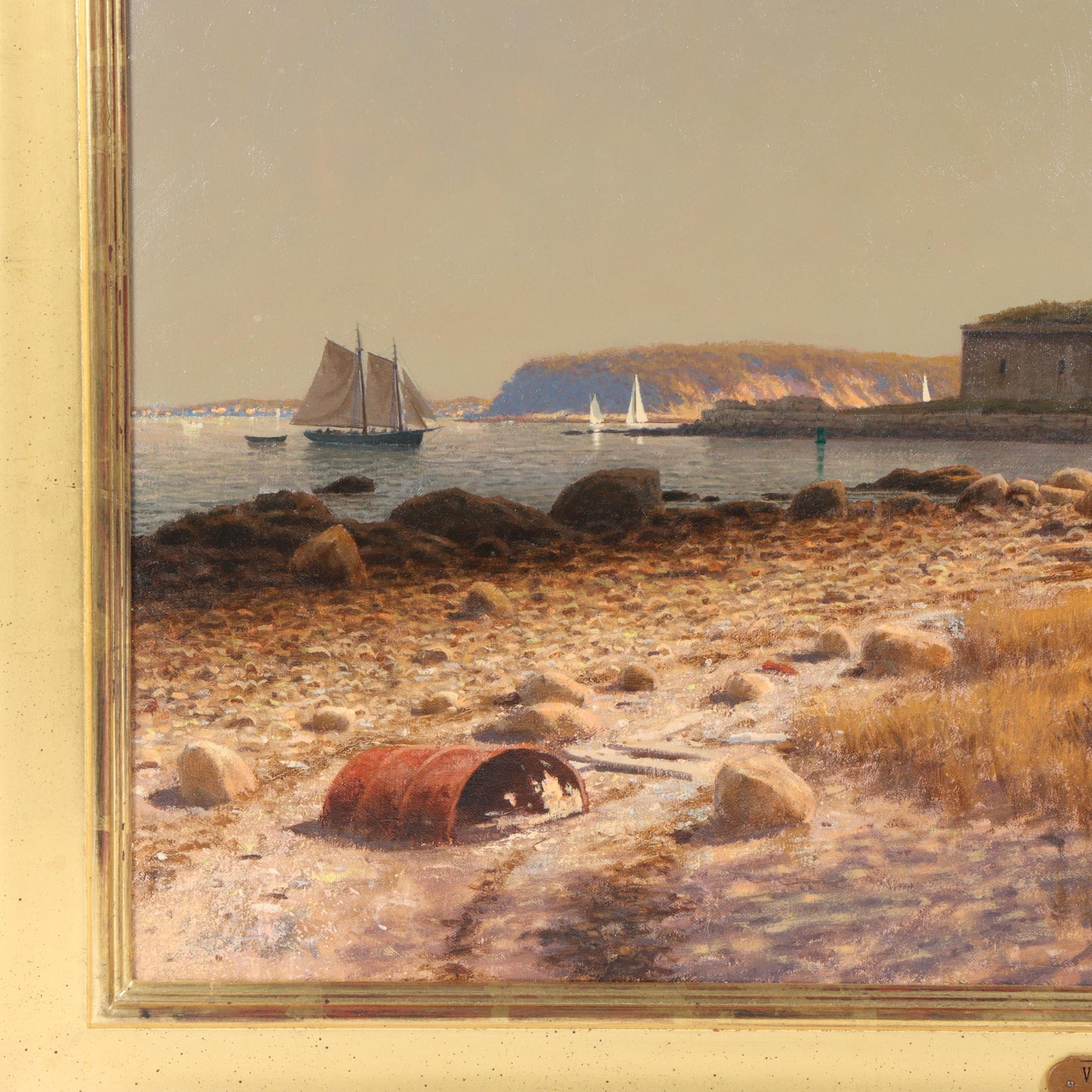 Joseph McGurl, Massachusetts (b. 1958), "View From the Shore", Fort Independence? Boston Harbor Islands, oil on canvas, 24"H x 36"W(stretcher), 33 1/4"H x 45 1/4"W(frame)