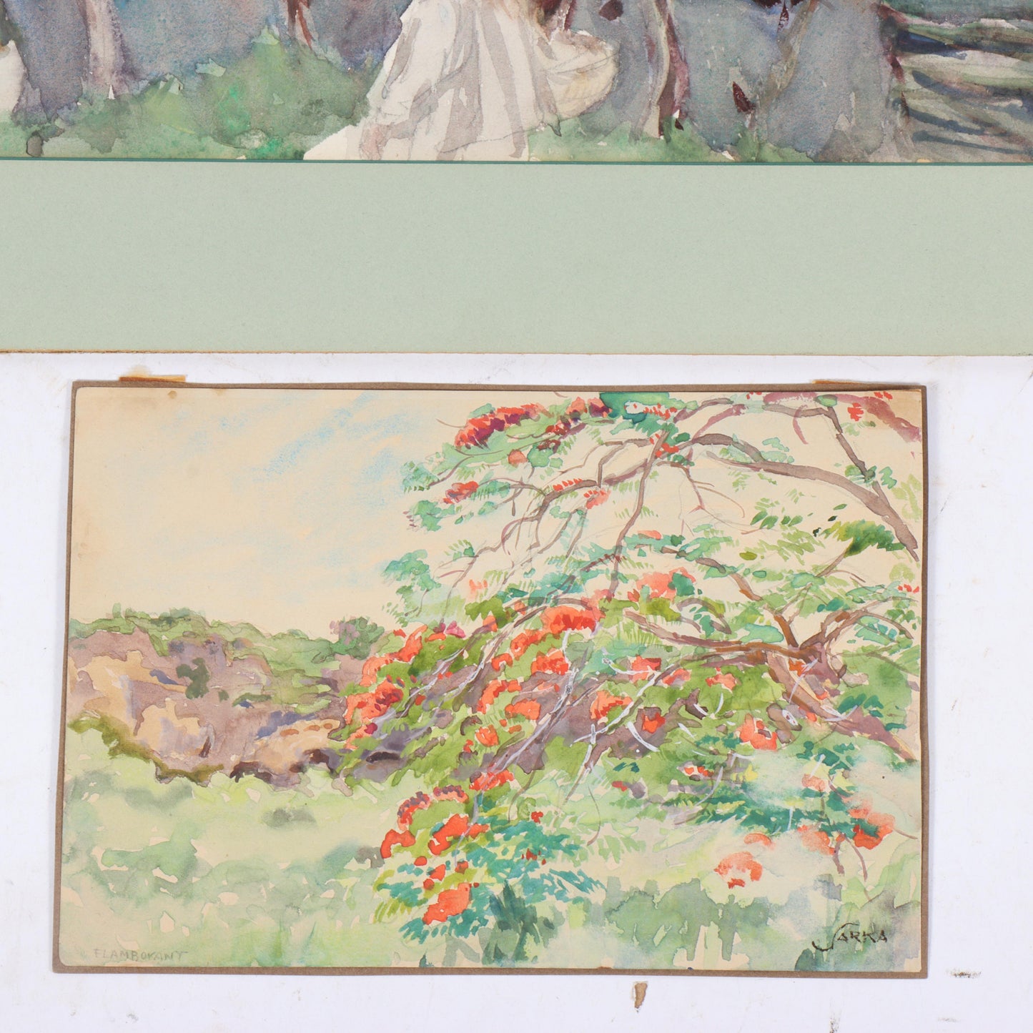 Charles Sarka, New York, Illinois (1879 - 1960), Orientalist scene and Flamboyant tree, two watercolor paintings on paper, 12"H x 18"W(sight), 16"H x 22"W