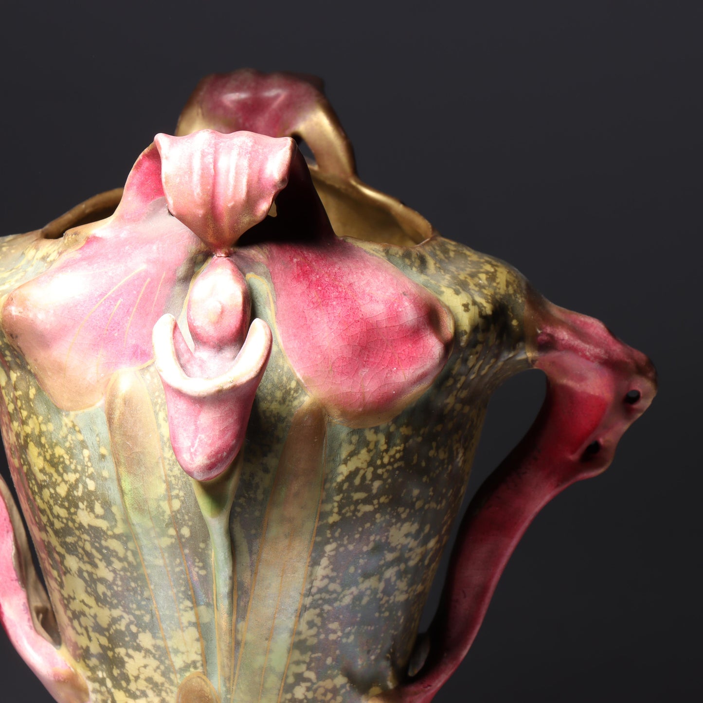 Amphora Austria Art Nouveau orchid flower vase with sculpted handles ca.1900. 10"H x 6 3/4"W