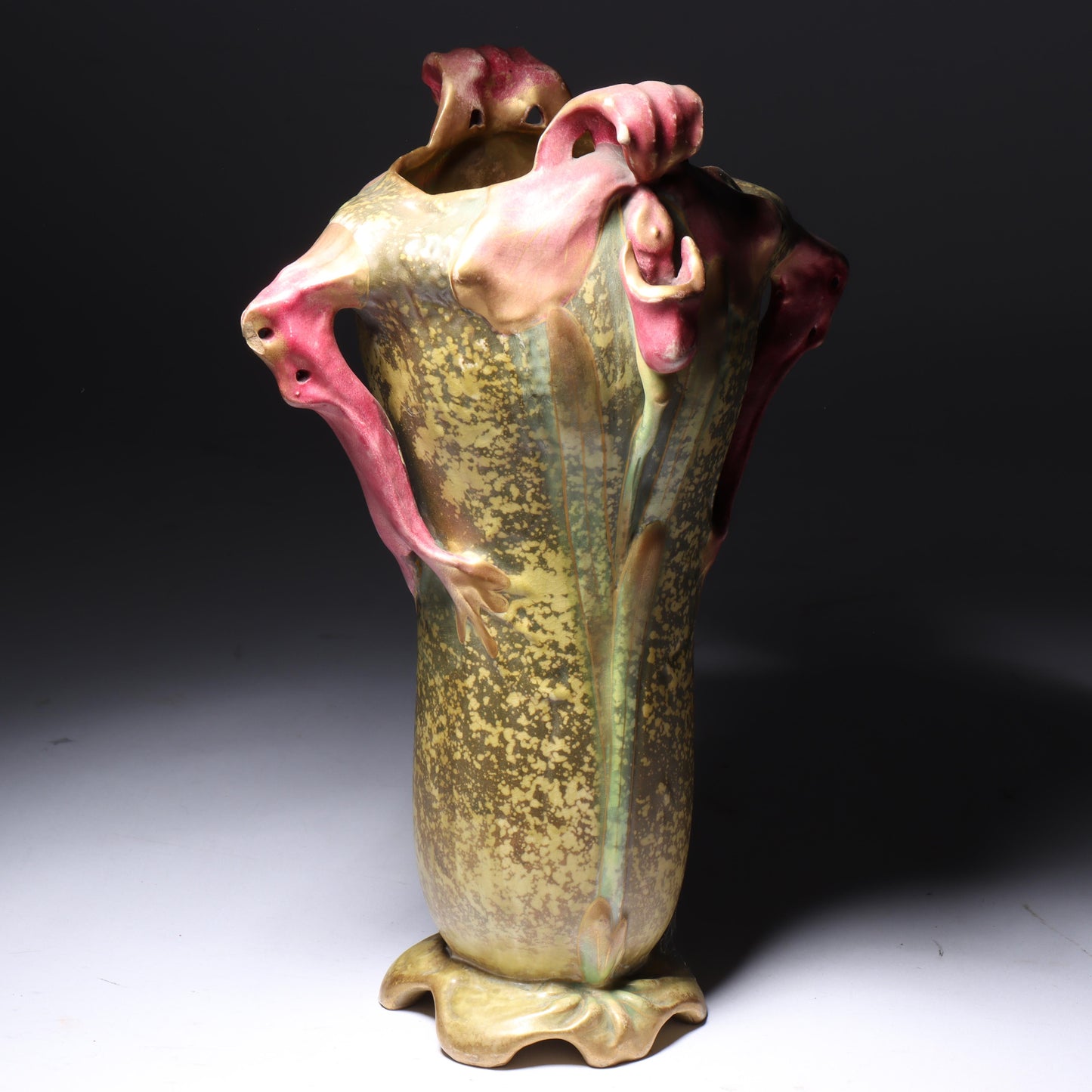 Amphora Austria Art Nouveau orchid flower vase with sculpted handles ca.1900. 10"H x 6 3/4"W