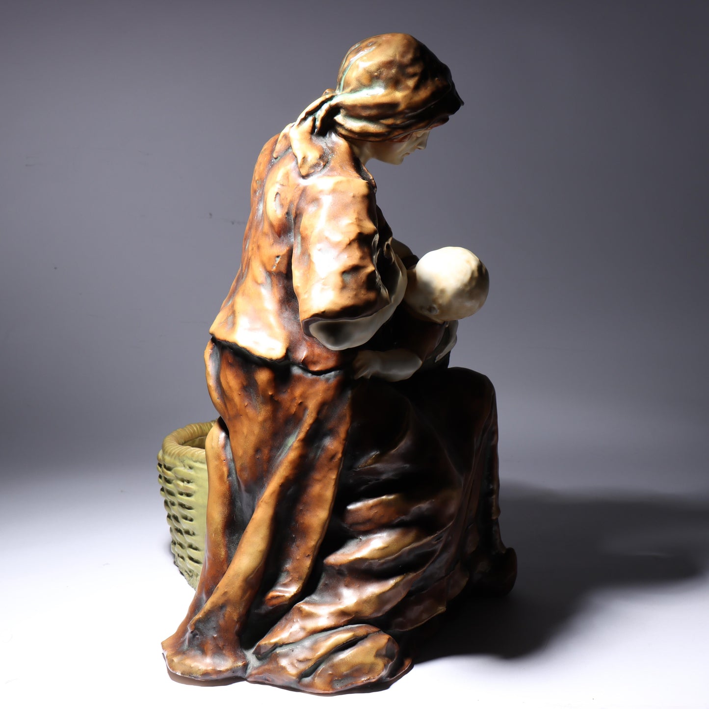 Berthold Boess Karlsruhe Austrian Amphora figure group mother nursing a child with basket. 19 1/2"H x 17"W