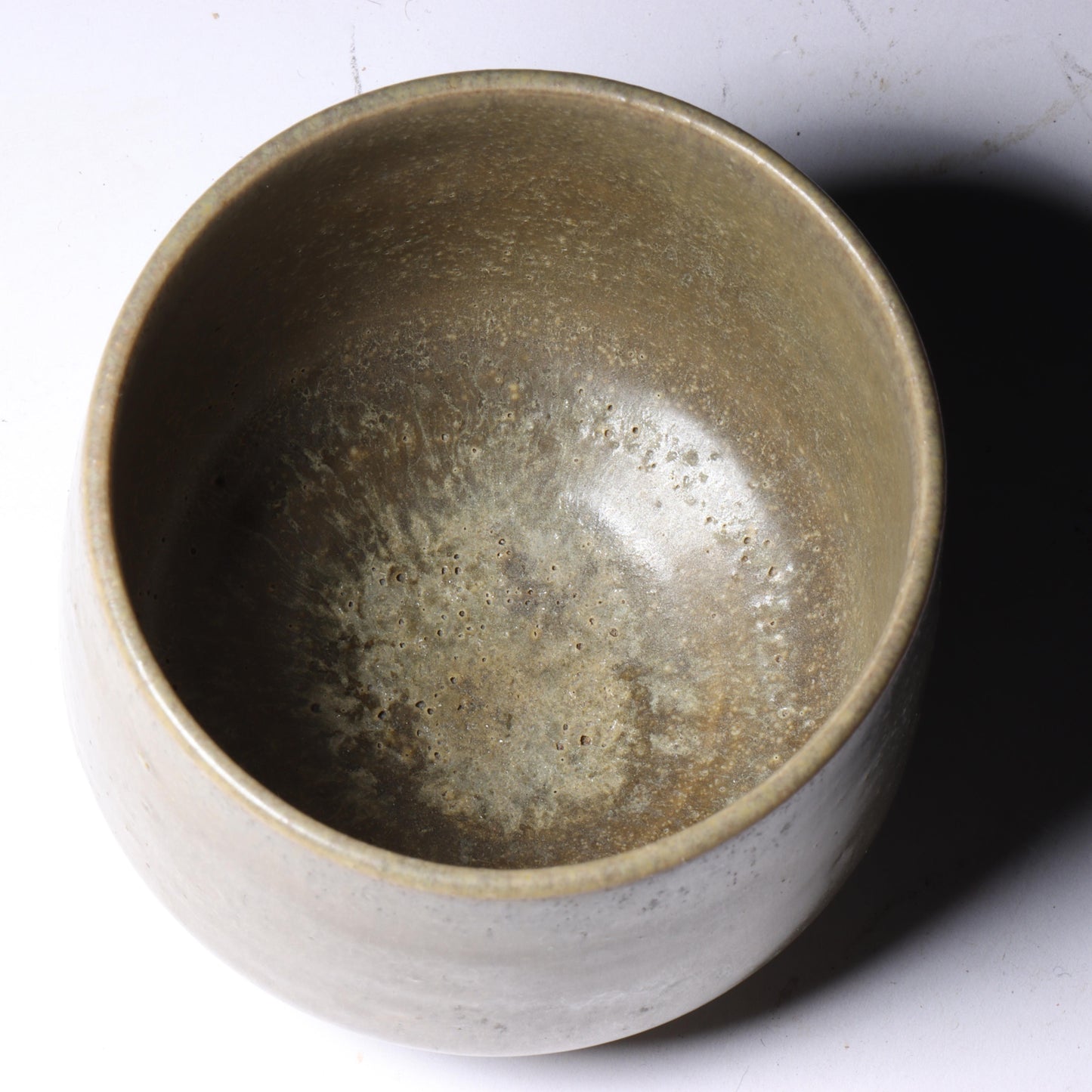 Laura Andreson, California (1902 - 1999), American studio pottery porcelain cup form vessel, 1957?, matte green glaze finish, 2 3/4"H x 3"Diam.