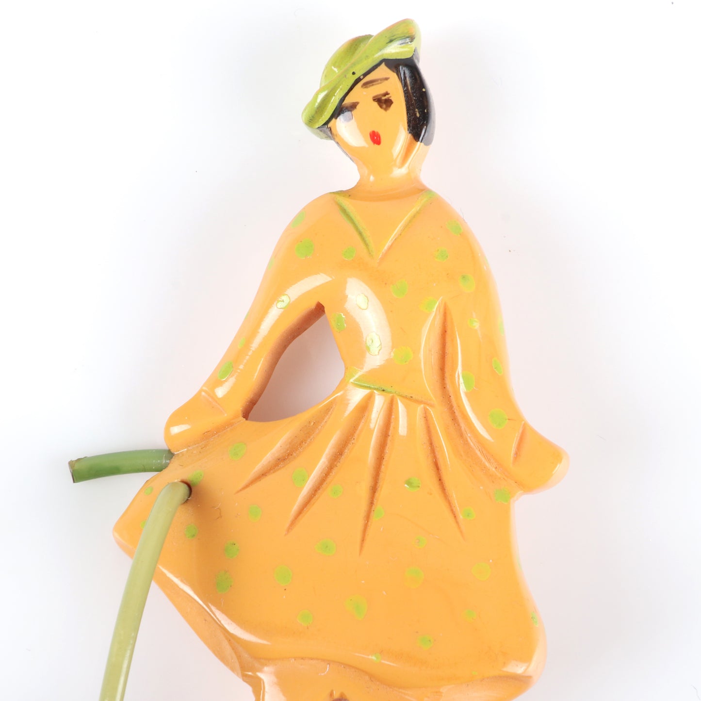Vintage Bakelite carved figural lady / Little Bo Peep pin brooch with painted detail and celluloid cane. 3" H x 2" W