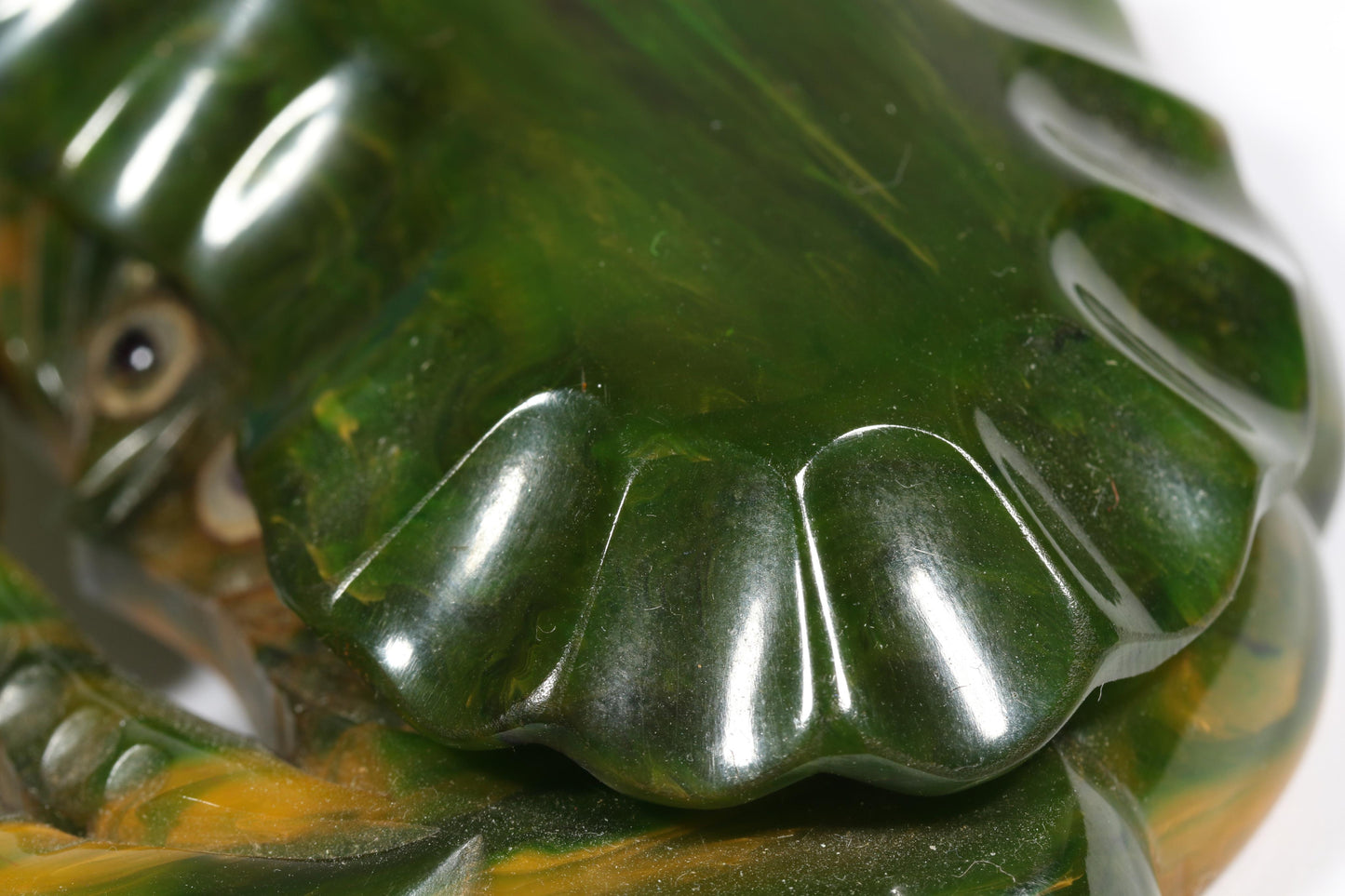 Vintage Book Piece RARE carved figural spinach Bakelite crab brooch with glass eyes. 2 1/8"H x 2 7/8"W