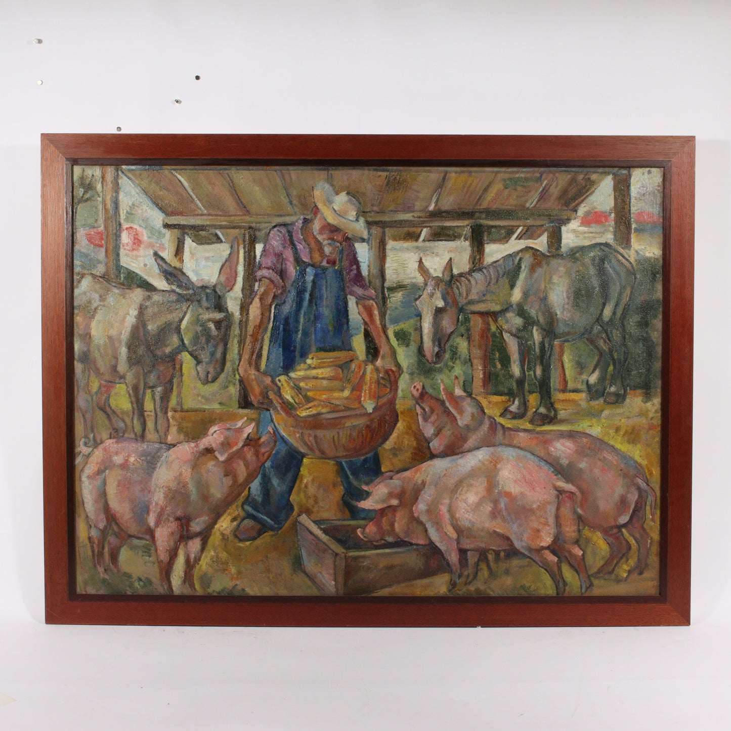 Emanuel Glicenstein Romano, New York / Italy (1897-1984), farmer feeding animals, oil on masonite, 34 1/2"H x 47 1/4"W