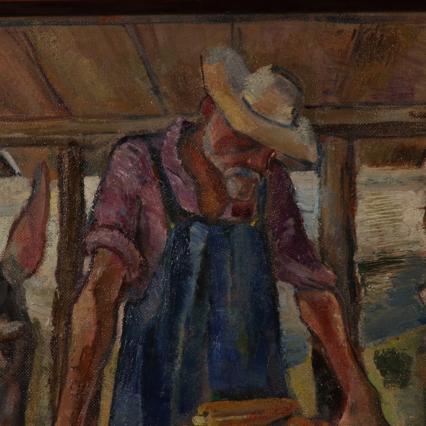 Emanuel Glicenstein Romano, New York / Italy (1897-1984), farmer feeding animals, oil on masonite, 34 1/2"H x 47 1/4"W