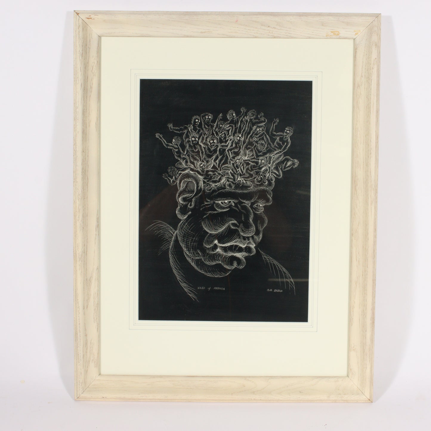G.M. Budd, American (20th century), Head of Medusa, incising on scratchboard (India ink on white clay on board), 17"H x 12"W (sight)