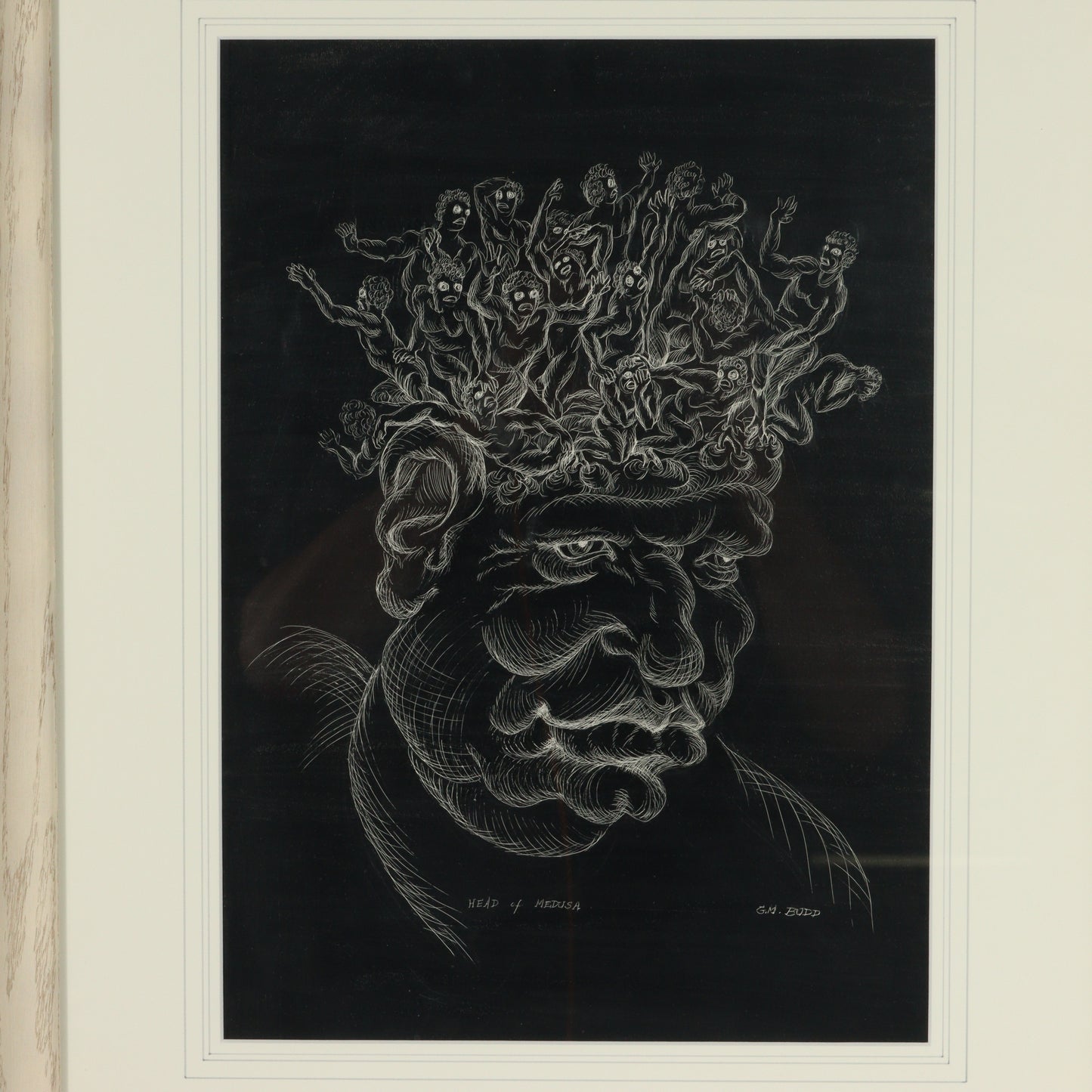 G.M. Budd, American (20th century), Head of Medusa, incising on scratchboard (India ink on white clay on board), 17"H x 12"W (sight)