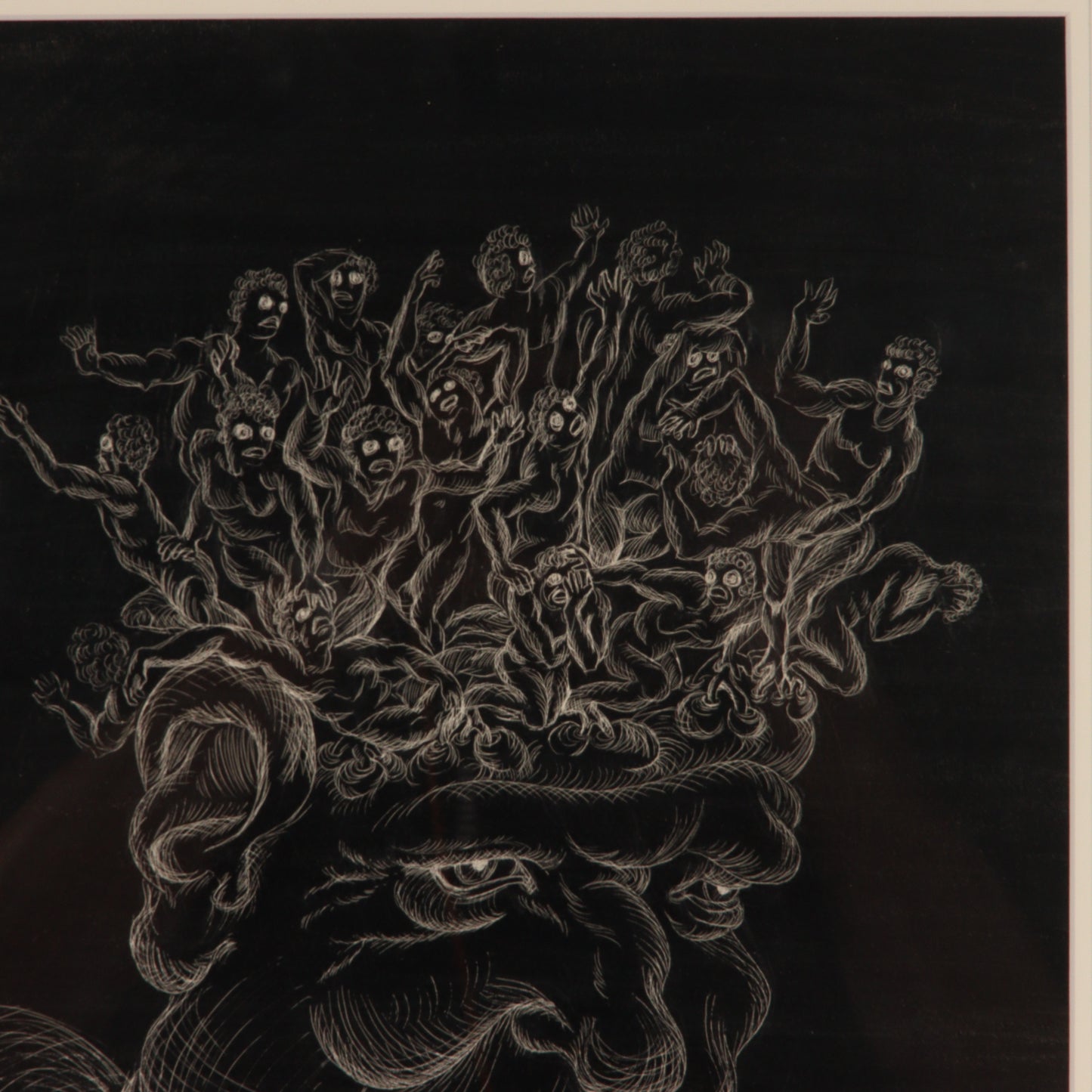 G.M. Budd, American (20th century), Head of Medusa, incising on scratchboard (India ink on white clay on board), 17"H x 12"W (sight)