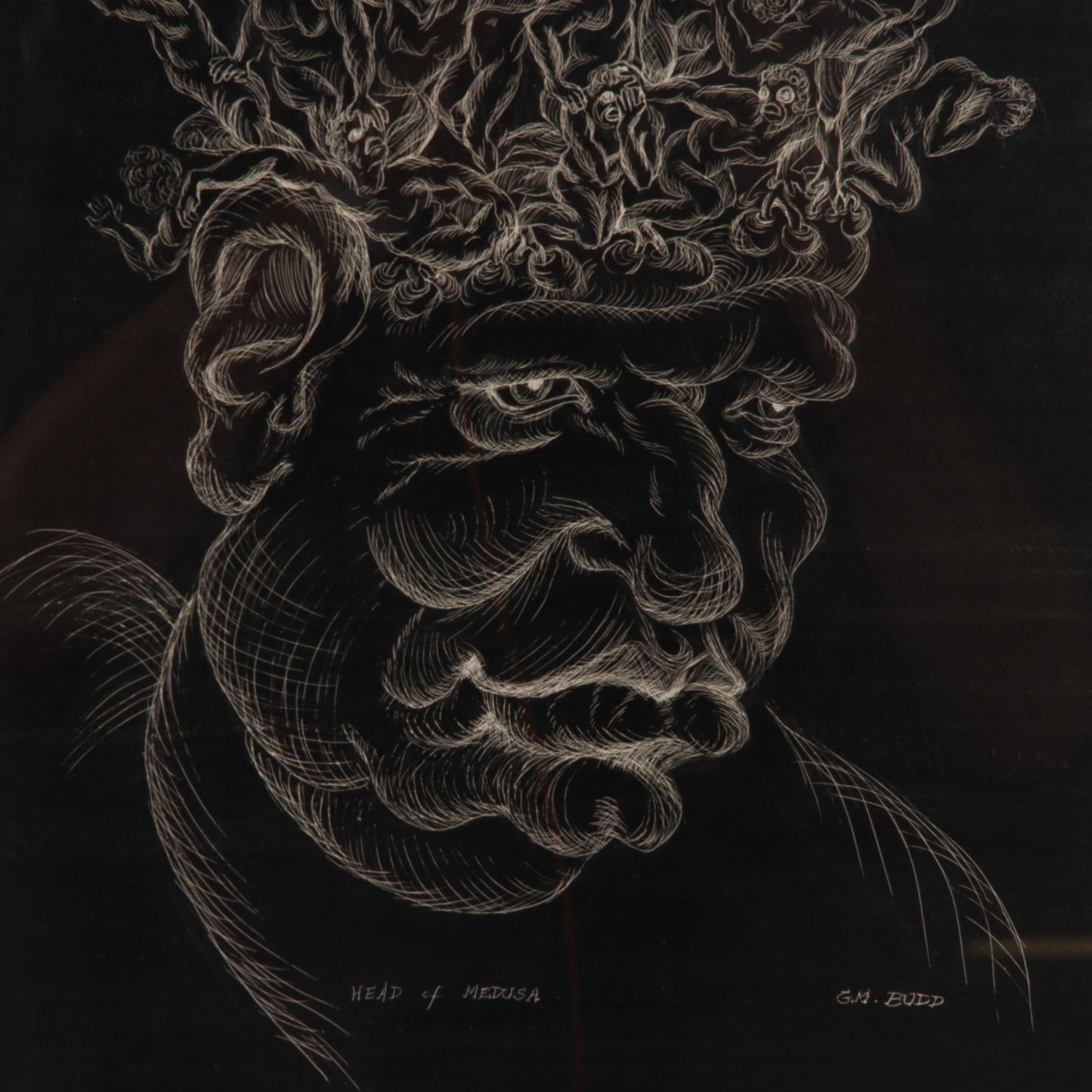 G.M. Budd, American (20th century), Head of Medusa, incising on scratchboard (India ink on white clay on board), 17"H x 12"W (sight)