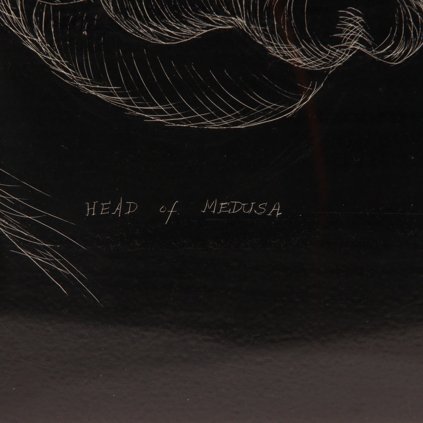 G.M. Budd, American (20th century), Head of Medusa, incising on scratchboard (India ink on white clay on board), 17"H x 12"W (sight)