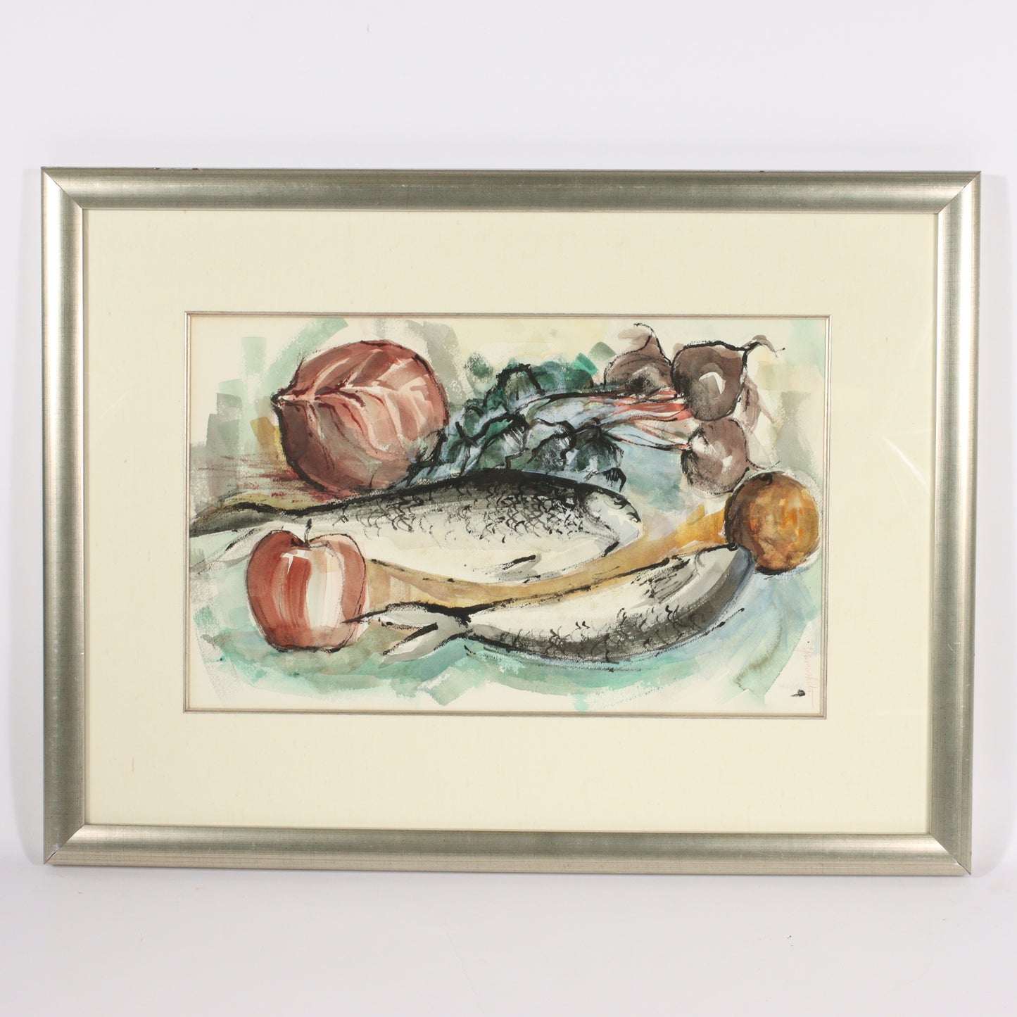 Junji Yamashita, France (b. 1940), Still Life with Fish, 1950s, watercolor on paper, 13"H x 21"W (sight)