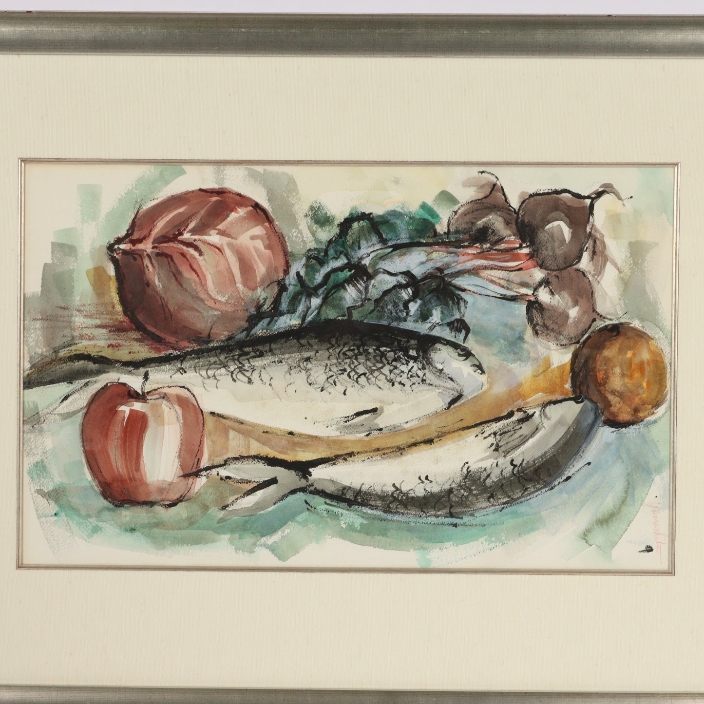 Junji Yamashita, France (b. 1940), Still Life with Fish, 1950s, watercolor on paper, 13"H x 21"W (sight)