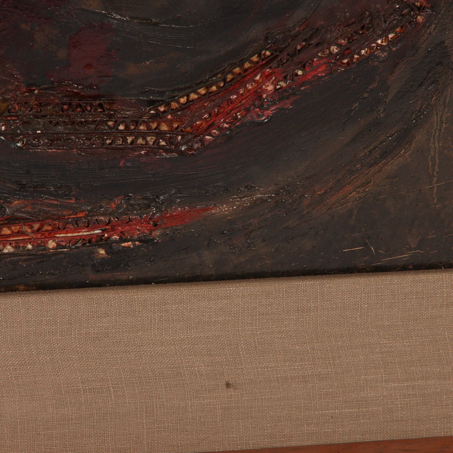 Mary Ray Gehr, Illinois (1910 - 1997), industrial landscape, collage and oil on masonite, 24"H x 36"W. Frame, 29" x 41".