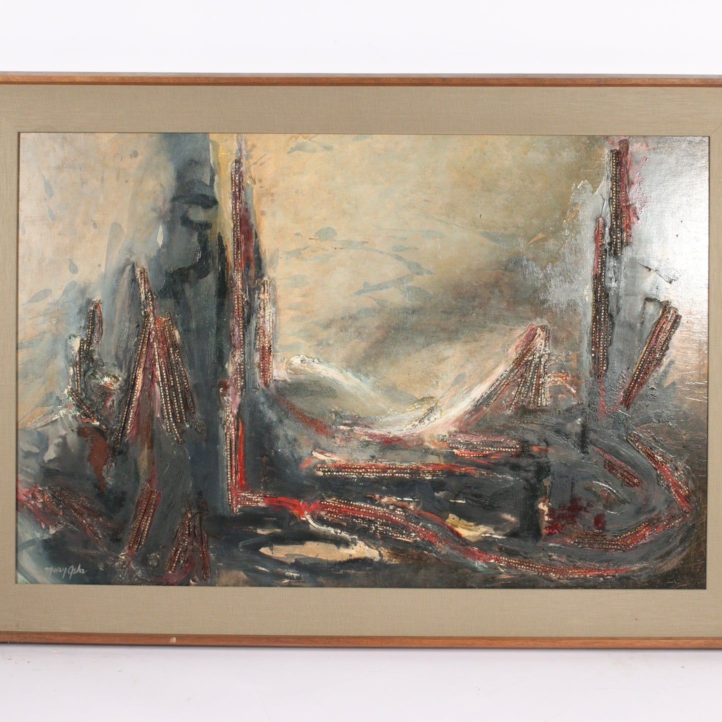 Mary Ray Gehr, Illinois (1910 - 1997), industrial landscape, collage and oil on masonite, 24"H x 36"W. Frame, 29" x 41".