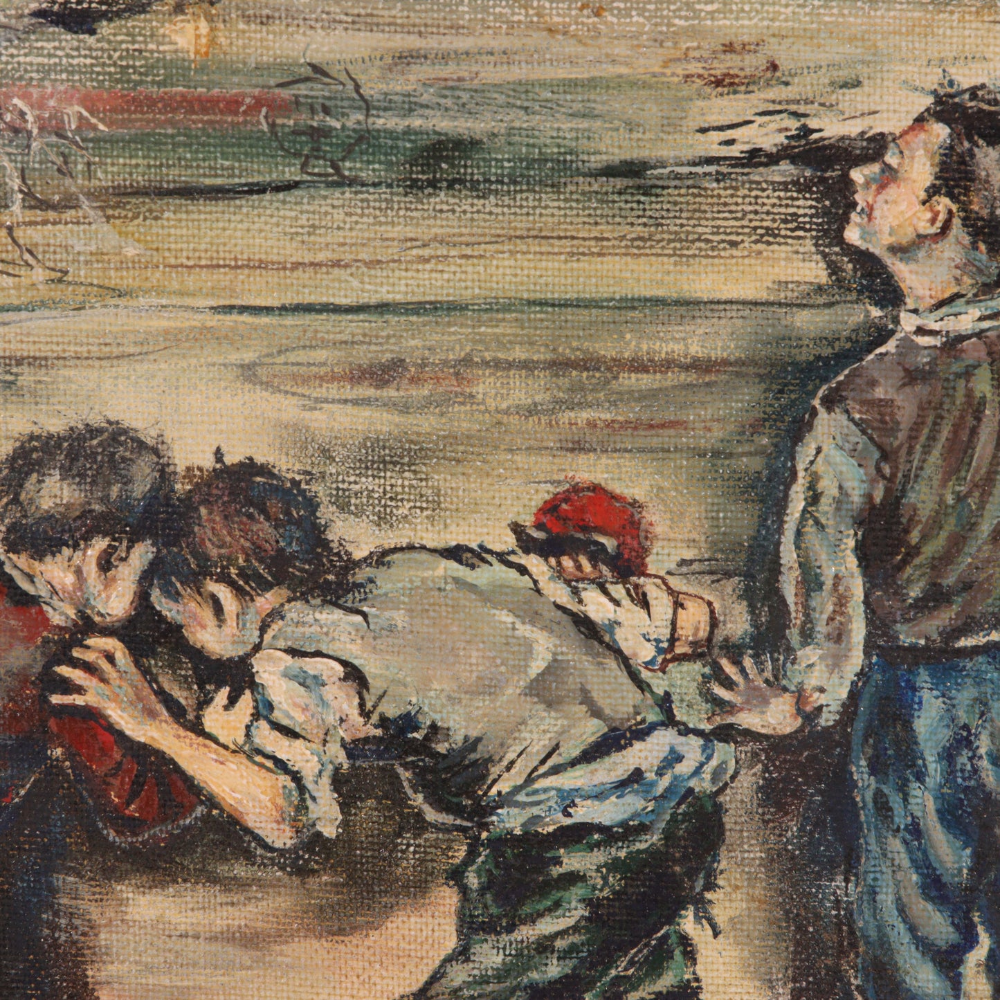 Isadore Firestone, American, b. Hungary (1894 - 1979), Boys Playing, city scene with construction crane in background, ca.1950s, oil on masonite, 36"H x 22"W