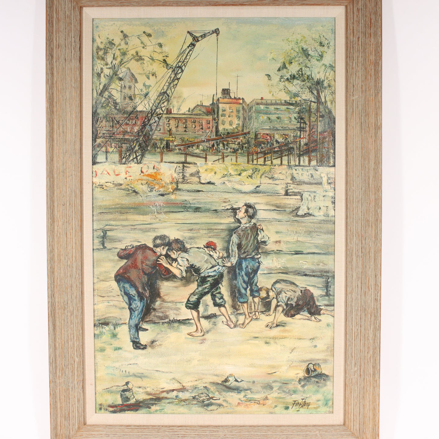 Isadore Firestone, American, b. Hungary (1894 - 1979), Boys Playing, city scene with construction crane in background, ca.1950s, oil on masonite, 36"H x 22"W