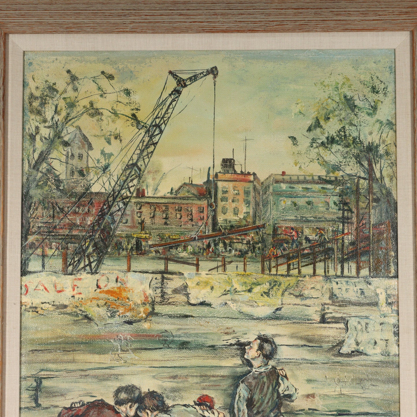 Isadore Firestone, American, b. Hungary (1894 - 1979), Boys Playing, city scene with construction crane in background, ca.1950s, oil on masonite, 36"H x 22"W