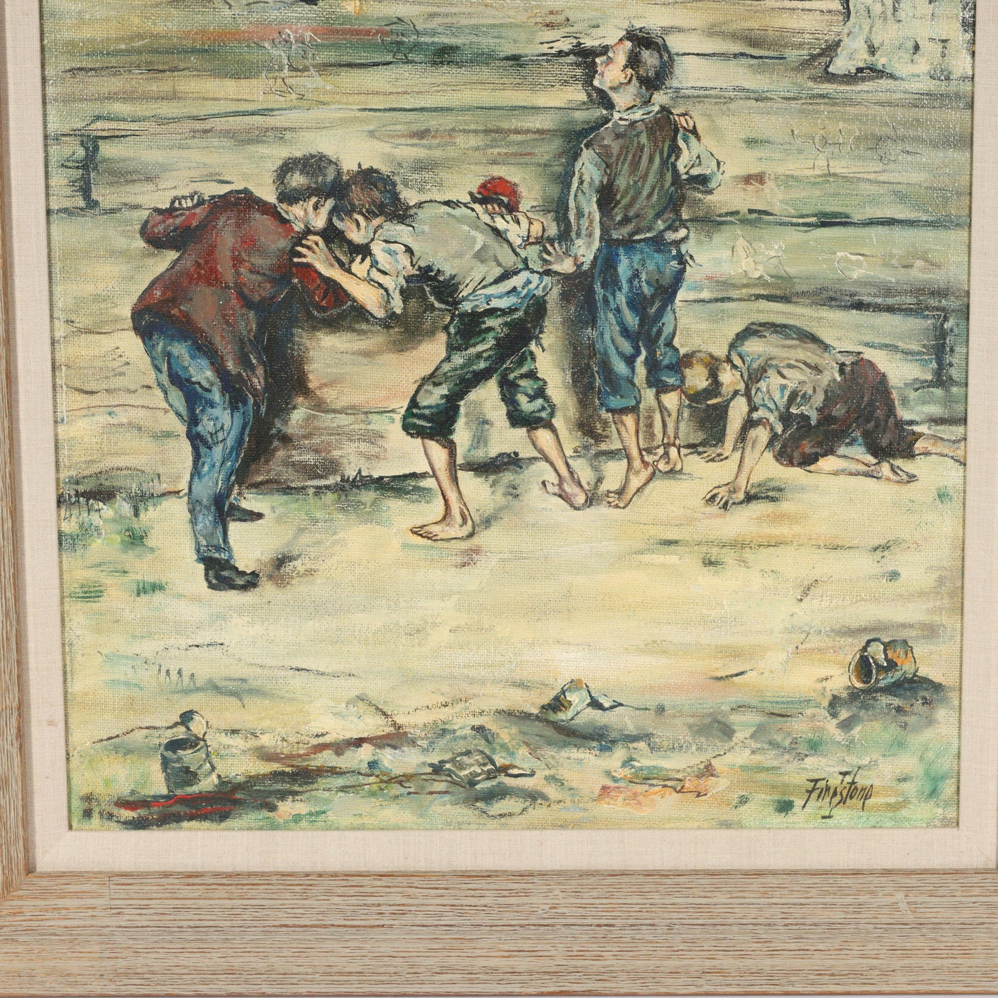 Isadore Firestone, American, b. Hungary (1894 - 1979), Boys Playing, city scene with construction crane in background, ca.1950s, oil on masonite, 36"H x 22"W