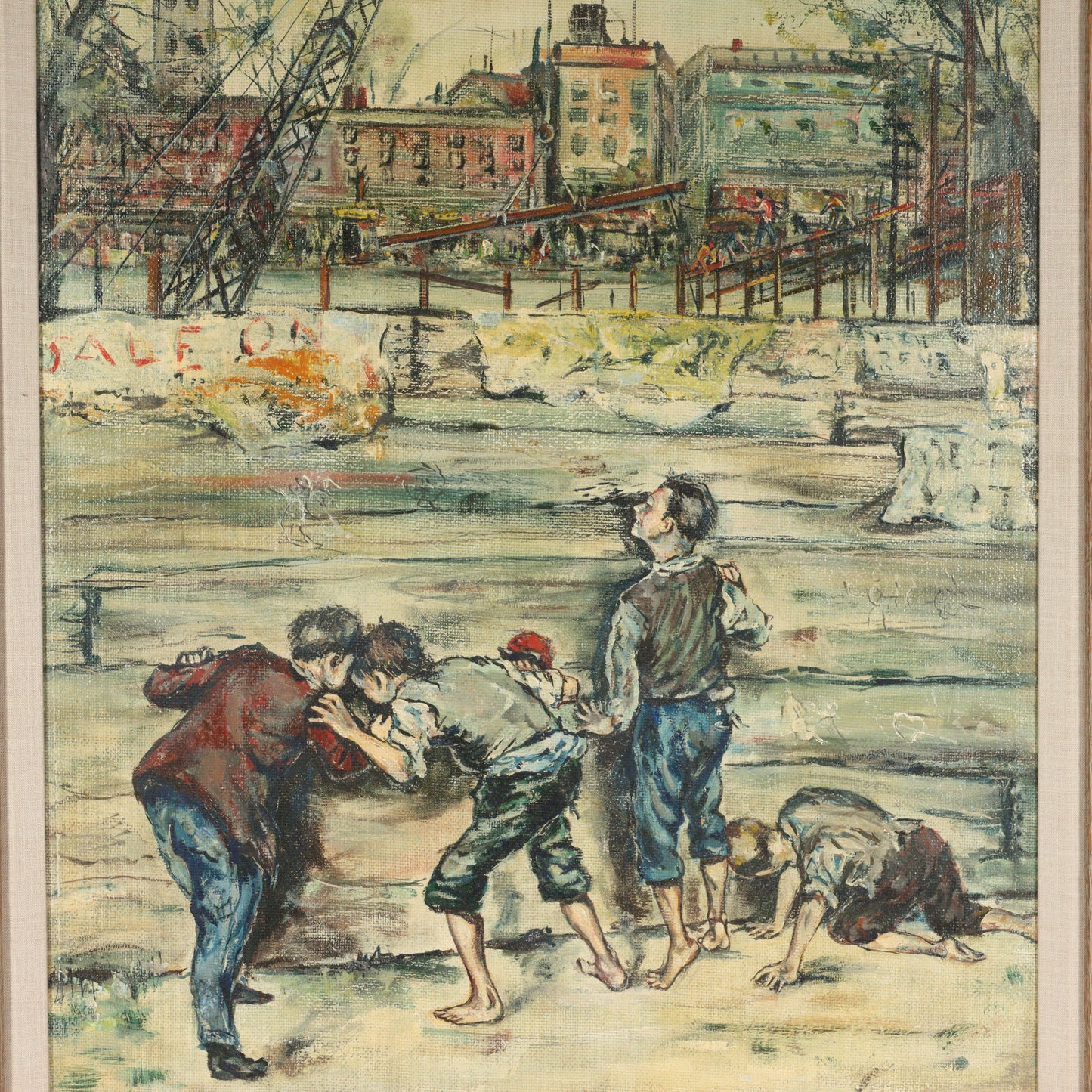 Isadore Firestone, American, b. Hungary (1894 - 1979), Boys Playing, city scene with construction crane in background, ca.1950s, oil on masonite, 36"H x 22"W