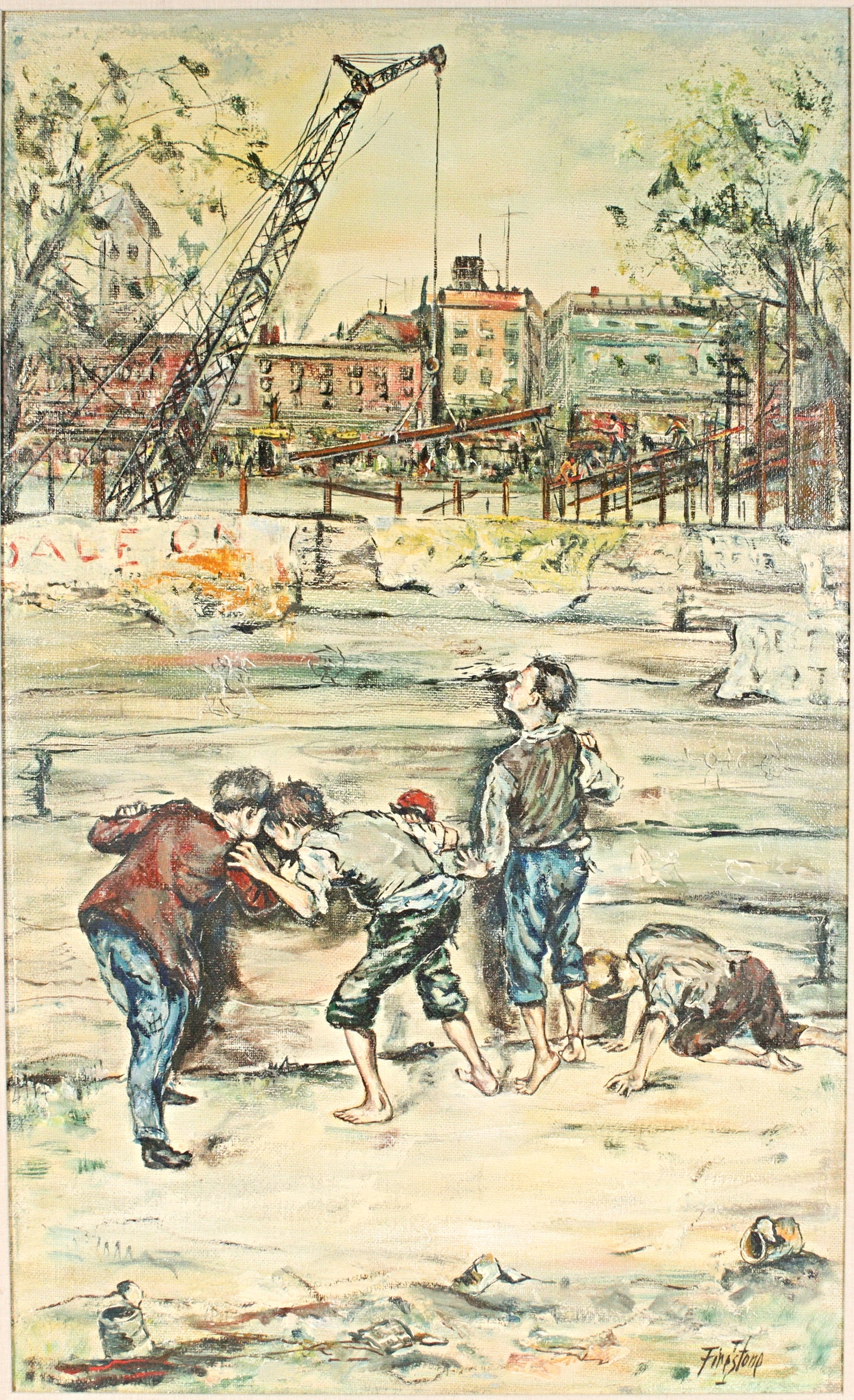 Isadore Firestone, American, b. Hungary (1894 - 1979), Boys Playing, city scene with construction crane in background, ca.1950s, oil on masonite, 36"H x 22"W