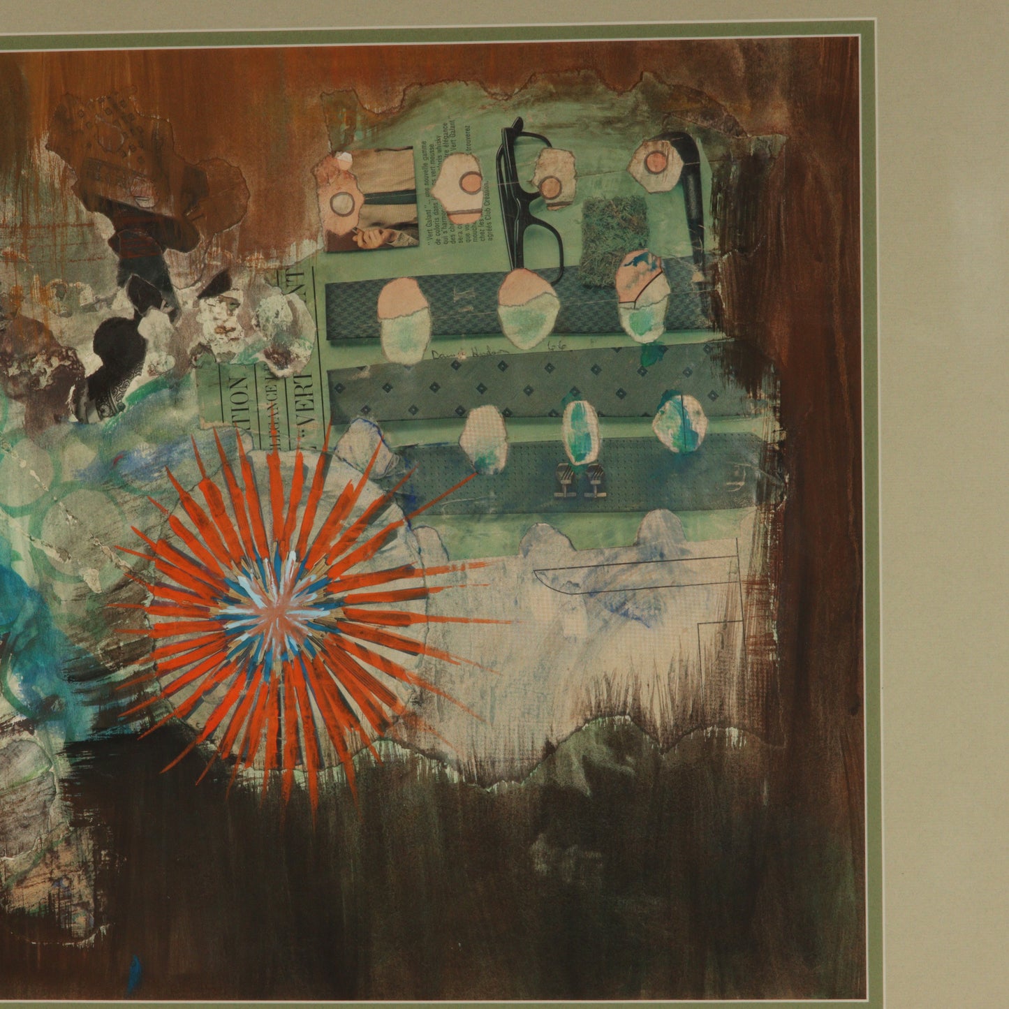Daniel Hudson, American (20th century), abstract locomotive, 1966, mixed media modernist collage on paper, 19"H x 25"W (sight)
