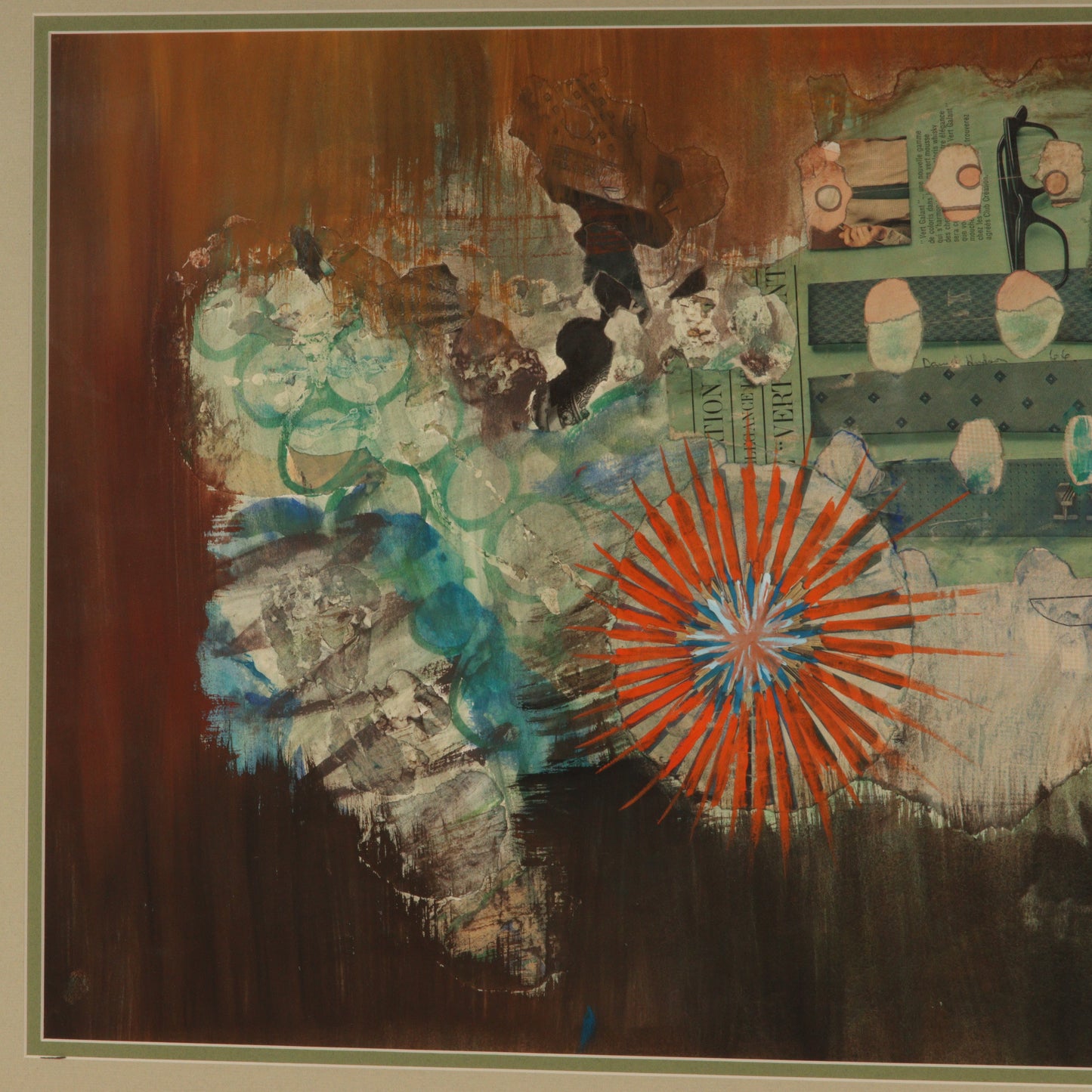 Daniel Hudson, American (20th century), abstract locomotive, 1966, mixed media modernist collage on paper, 19"H x 25"W (sight)