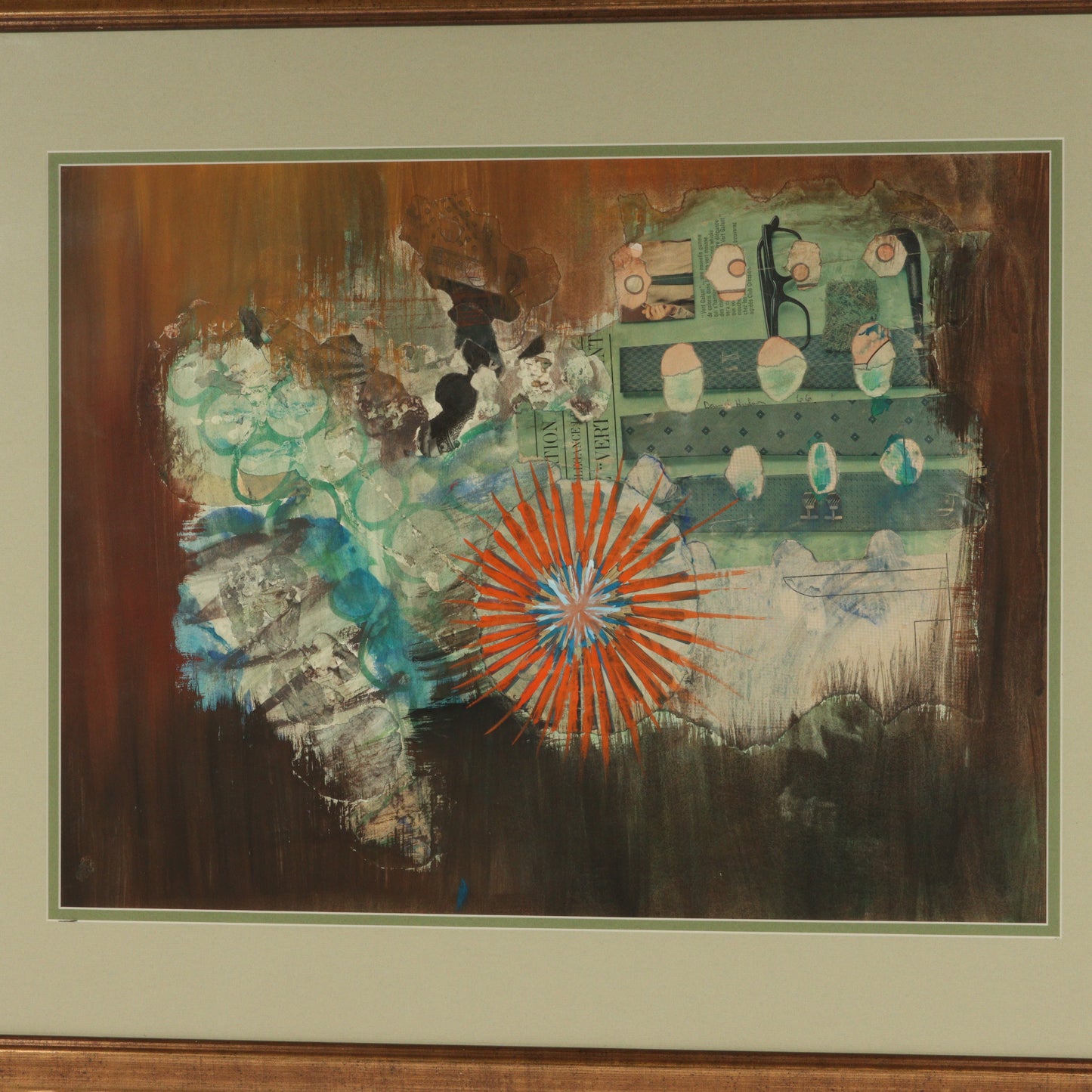 Daniel Hudson, American (20th century), abstract locomotive, 1966, mixed media modernist collage on paper, 19"H x 25"W (sight)