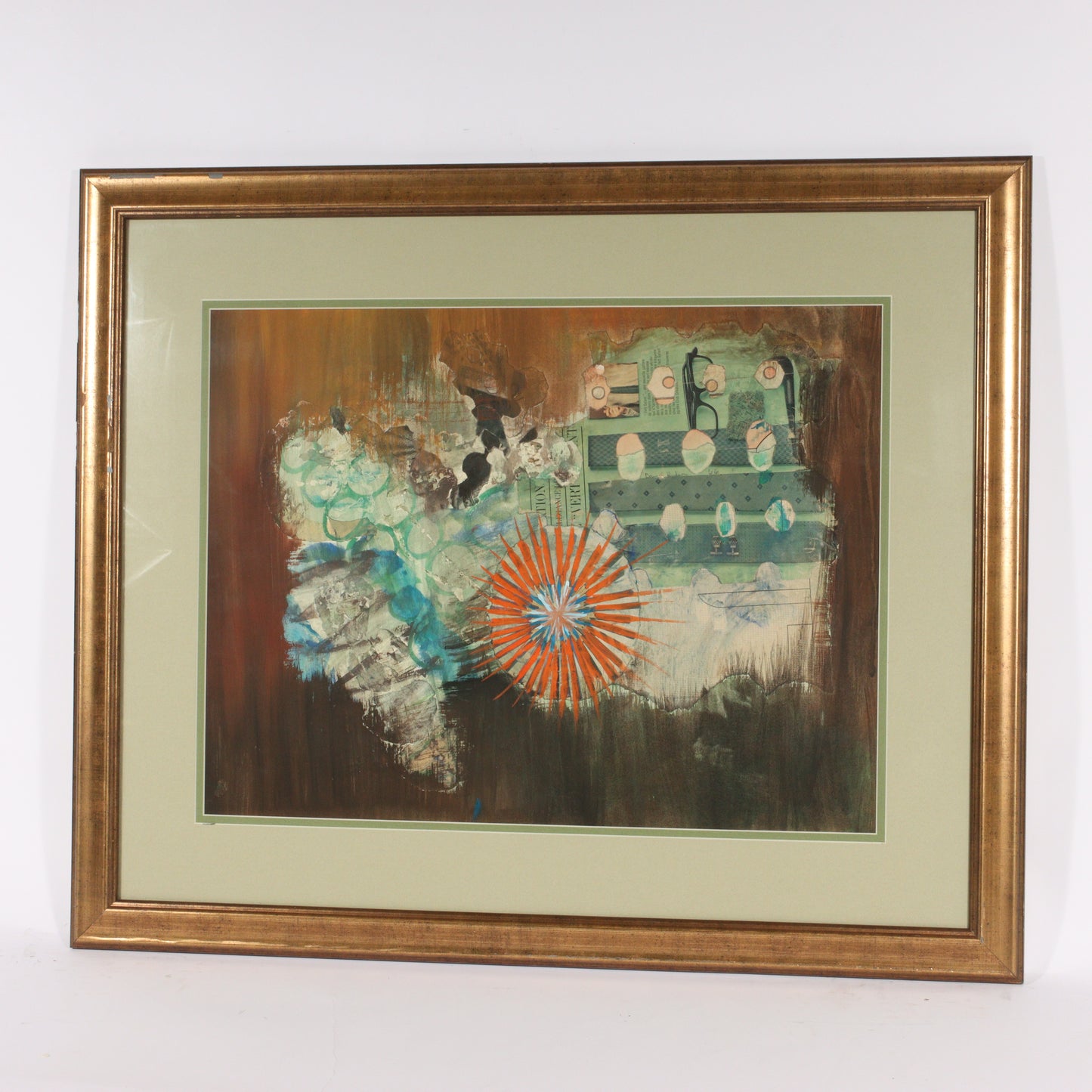 Daniel Hudson, American (20th century), abstract locomotive, 1966, mixed media modernist collage on paper, 19"H x 25"W (sight)
