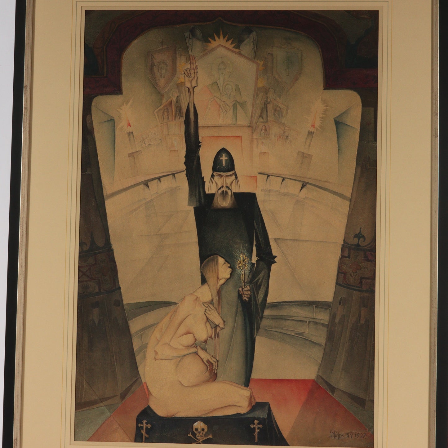 Paul Muller, New York / Russian Federation (1895-1970), Priest with Pregnant Woman, 1927, watercolor on paper, 25"H x 17"W (sight), 33 1/4"H x 25 1/2"W (frame)