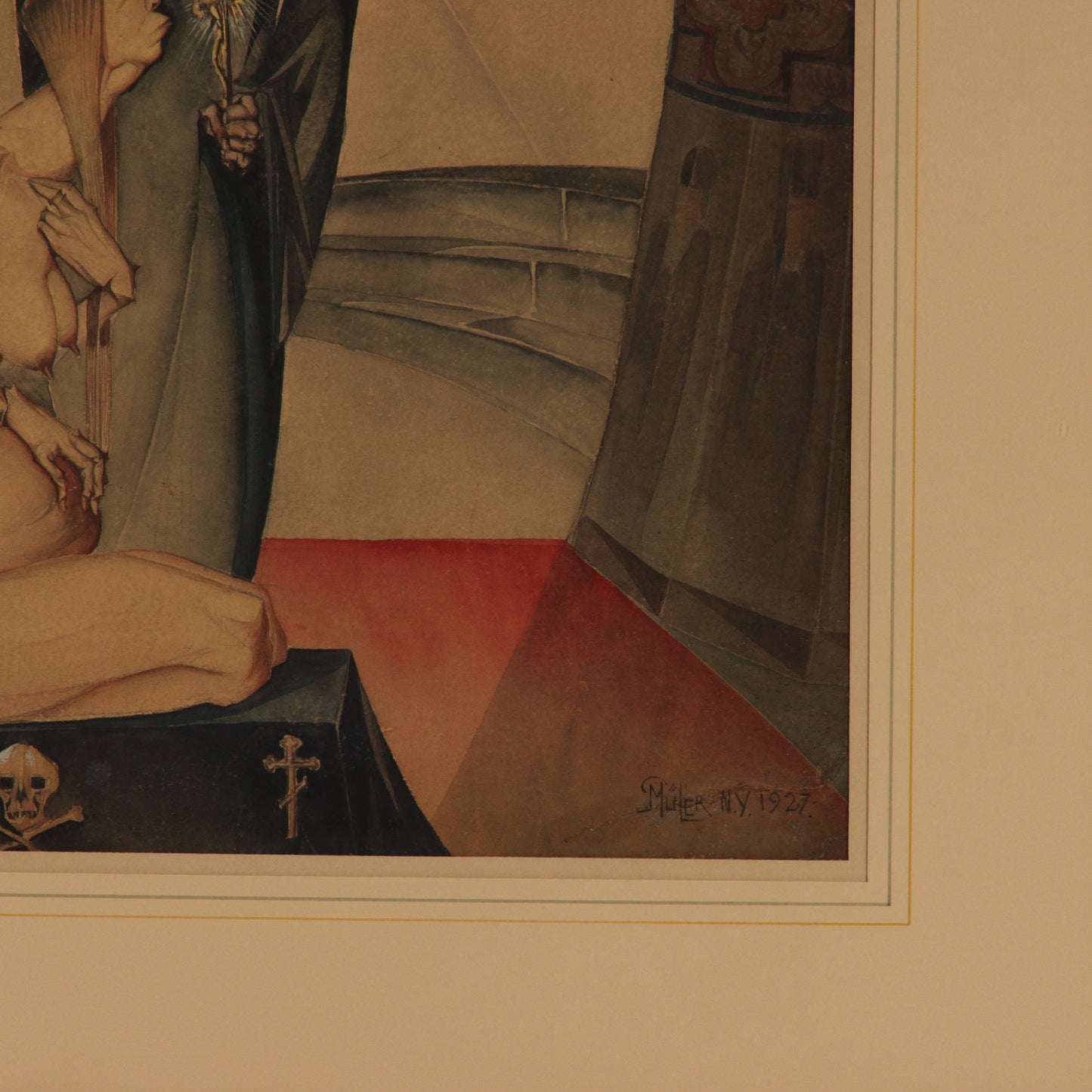 Paul Muller, New York / Russian Federation (1895-1970), Priest with Pregnant Woman, 1927, watercolor on paper, 25"H x 17"W (sight), 33 1/4"H x 25 1/2"W (frame)