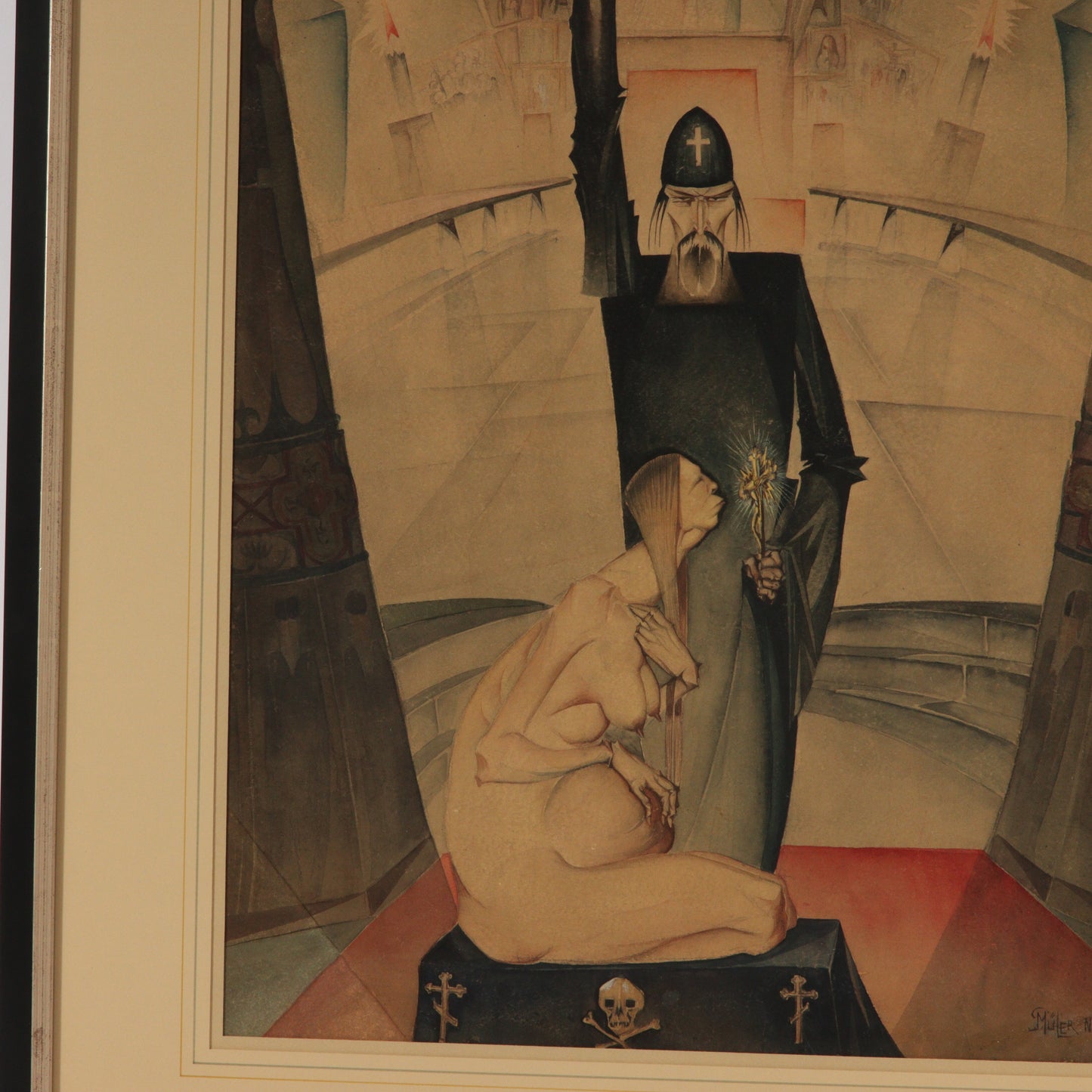 Paul Muller, New York / Russian Federation (1895-1970), Priest with Pregnant Woman, 1927, watercolor on paper, 25"H x 17"W (sight), 33 1/4"H x 25 1/2"W (frame)